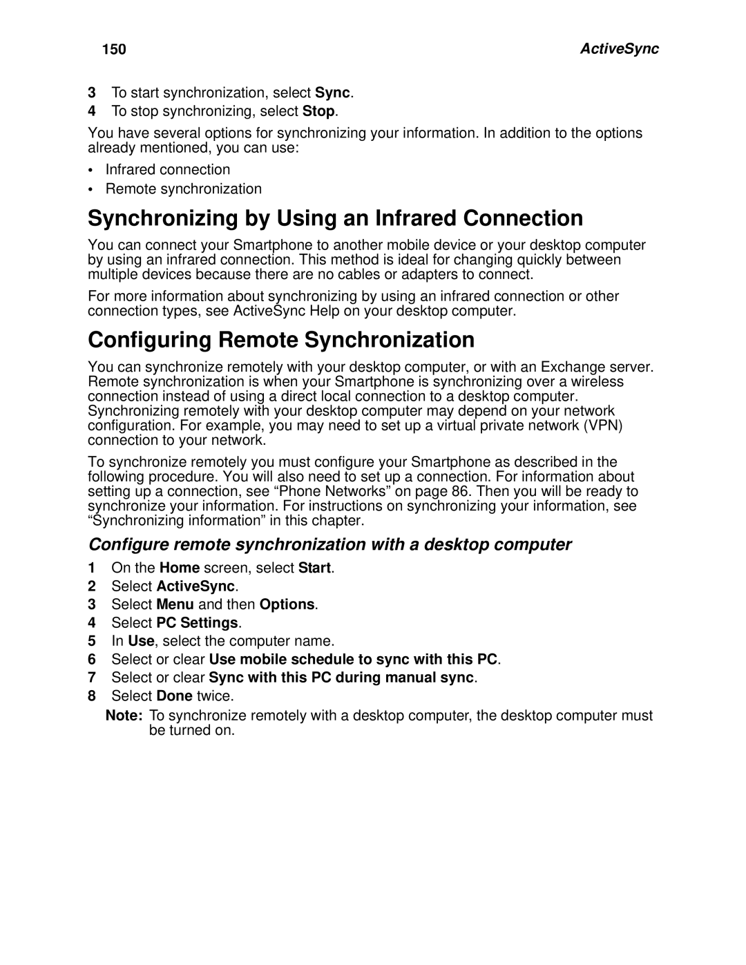 Motorola i930 Synchronizing by Using an Infrared Connection, Configuring Remote Synchronization, 150, Select PC Settings 