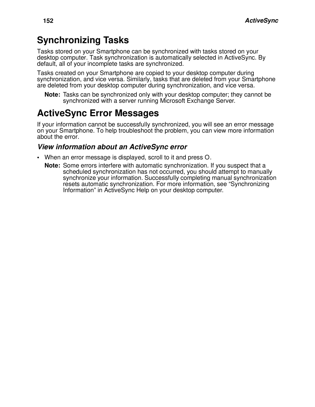 Motorola i930 manual Synchronizing Tasks, ActiveSync Error Messages, View information about an ActiveSync error, 152 