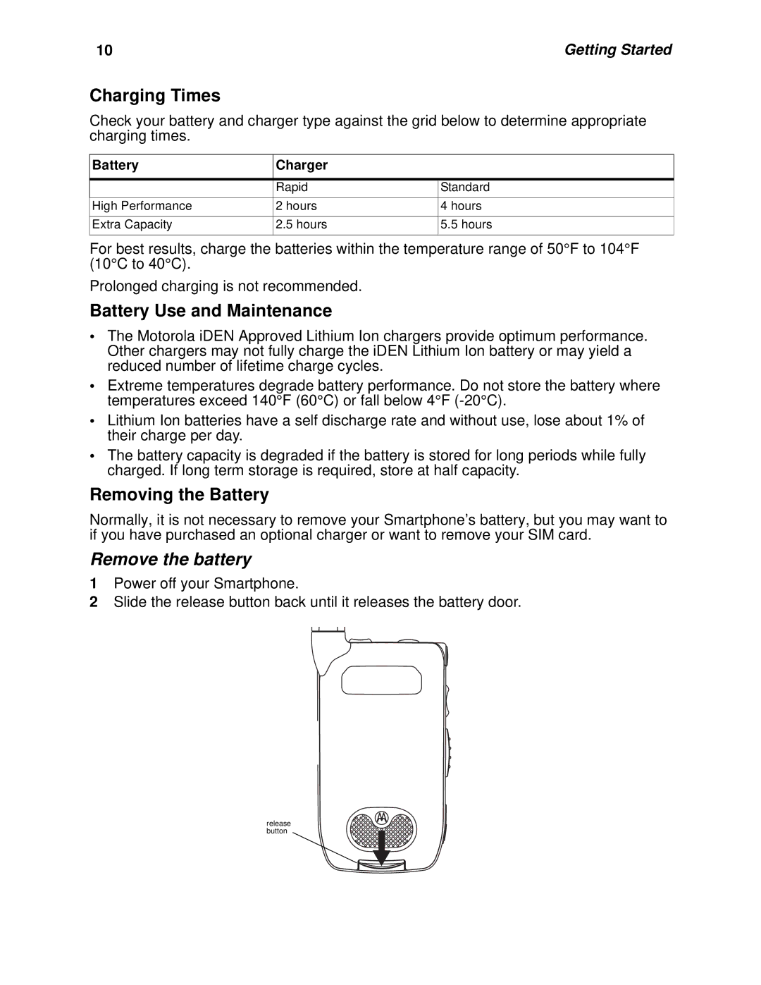 Motorola i930 manual Charging Times, Battery Use and Maintenance, Removing the Battery, Remove the battery 