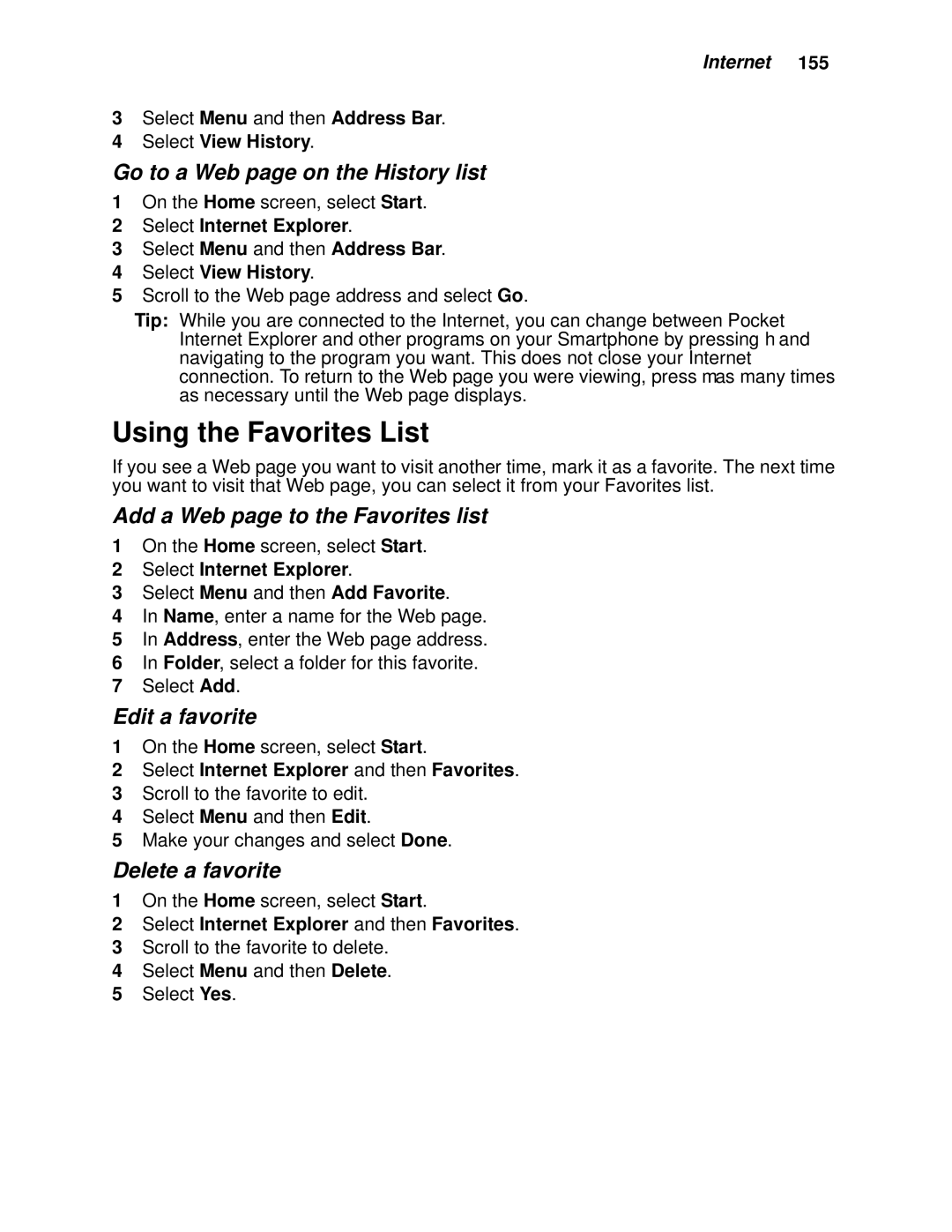 Motorola i930 manual Using the Favorites List, Go to a Web page on the History list, Add a Web page to the Favorites list 