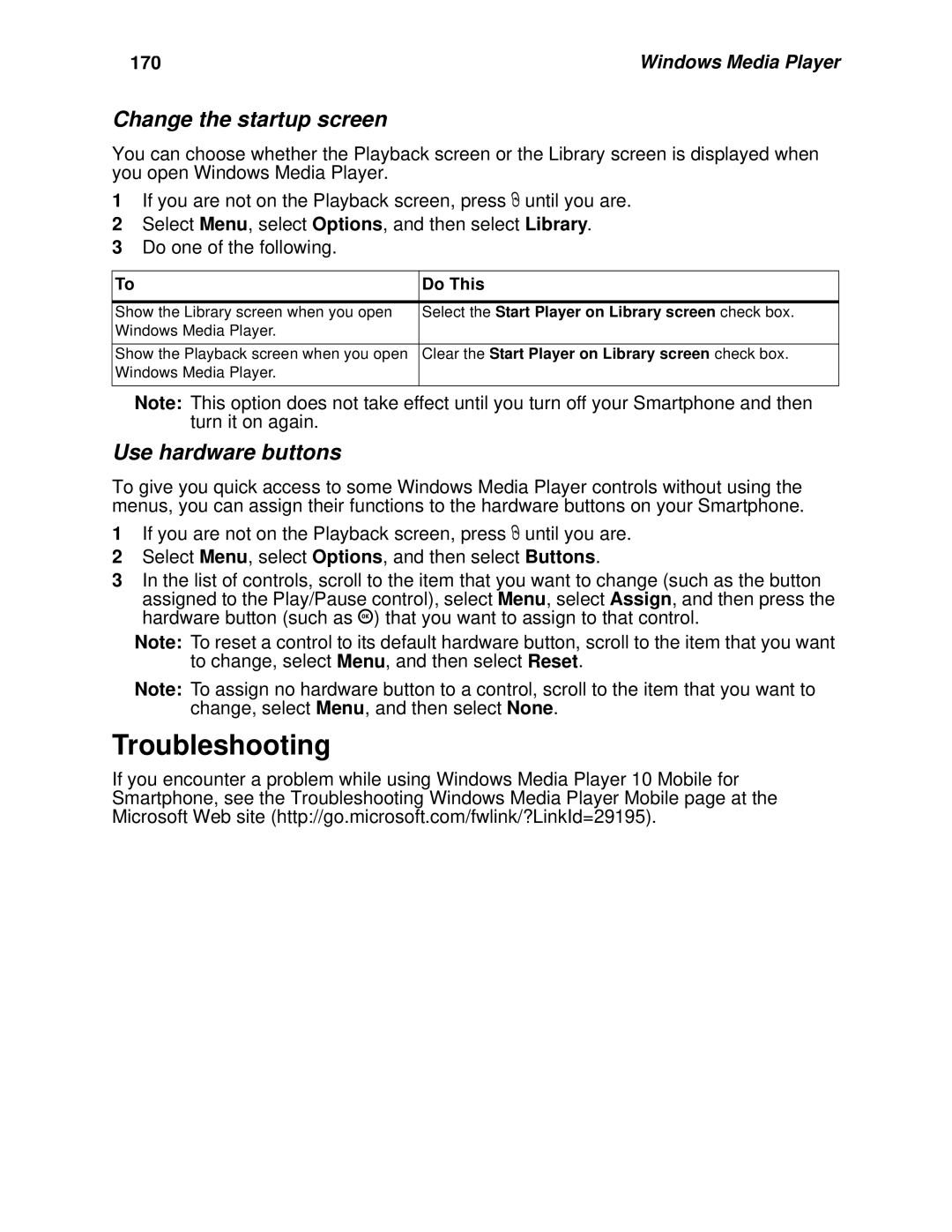 Motorola i930 manual Troubleshooting, Change the startup screen, Use hardware buttons, 170 