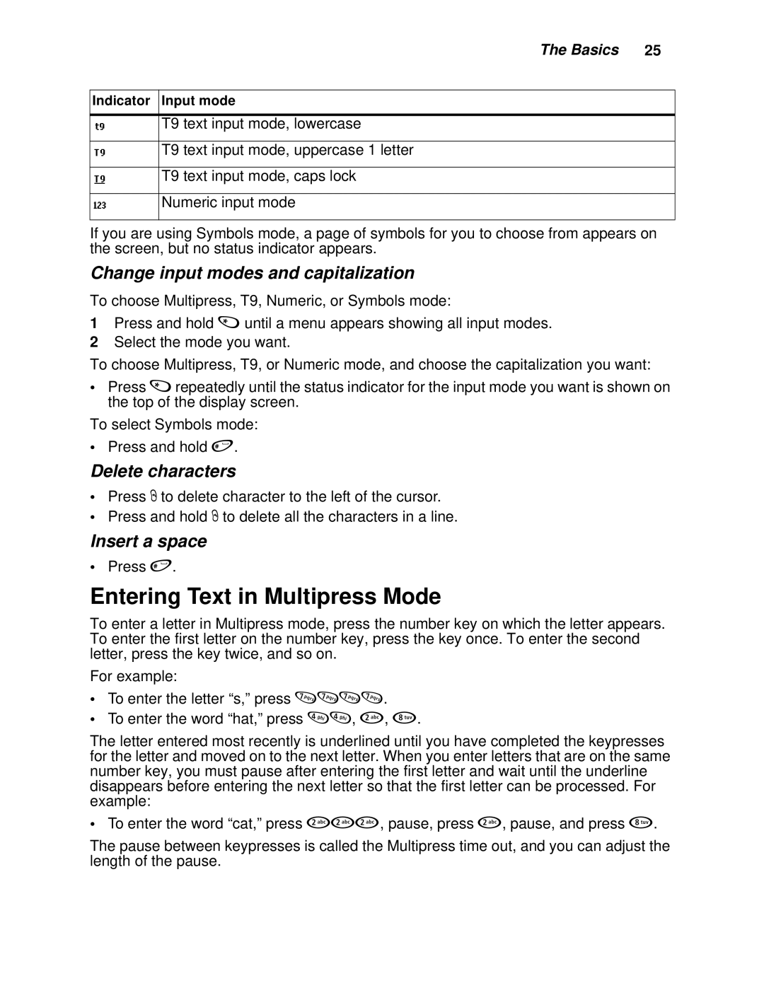 Motorola i930 Entering Text in Multipress Mode, Change input modes and capitalization, Delete characters, Insert a space 