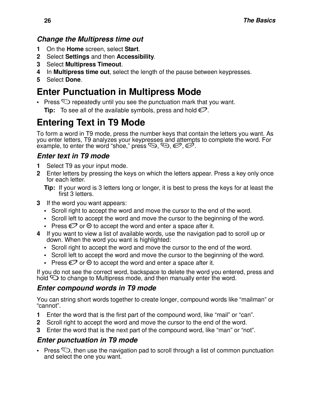 Motorola i930 manual Enter Punctuation in Multipress Mode, Entering Text in T9 Mode 