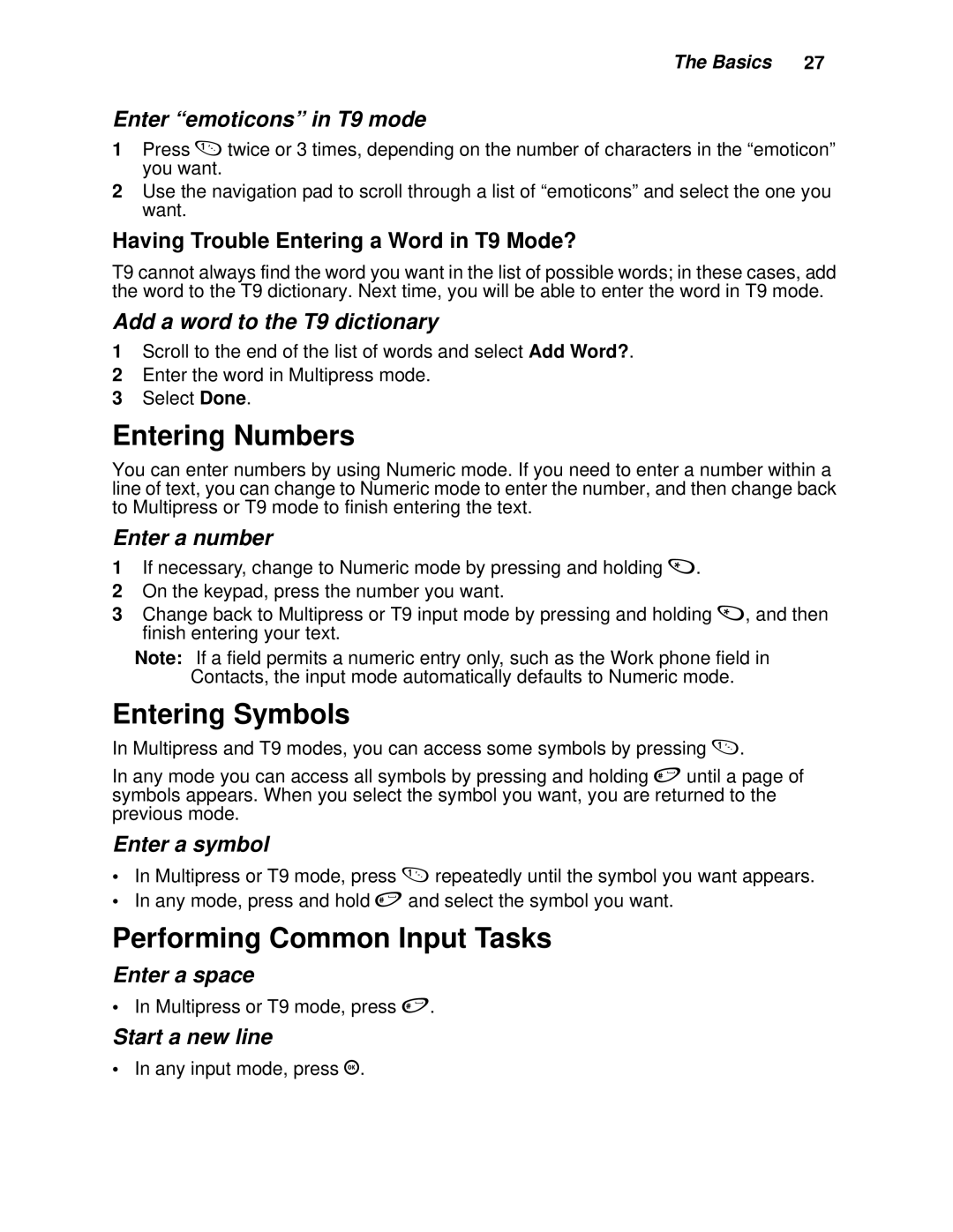 Motorola i930 manual Entering Numbers, Entering Symbols, Performing Common Input Tasks 