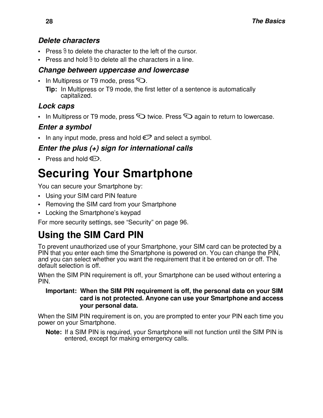 Motorola i930 manual Securing Your Smartphone, Using the SIM Card PIN, Change between uppercase and lowercase, Lock caps 