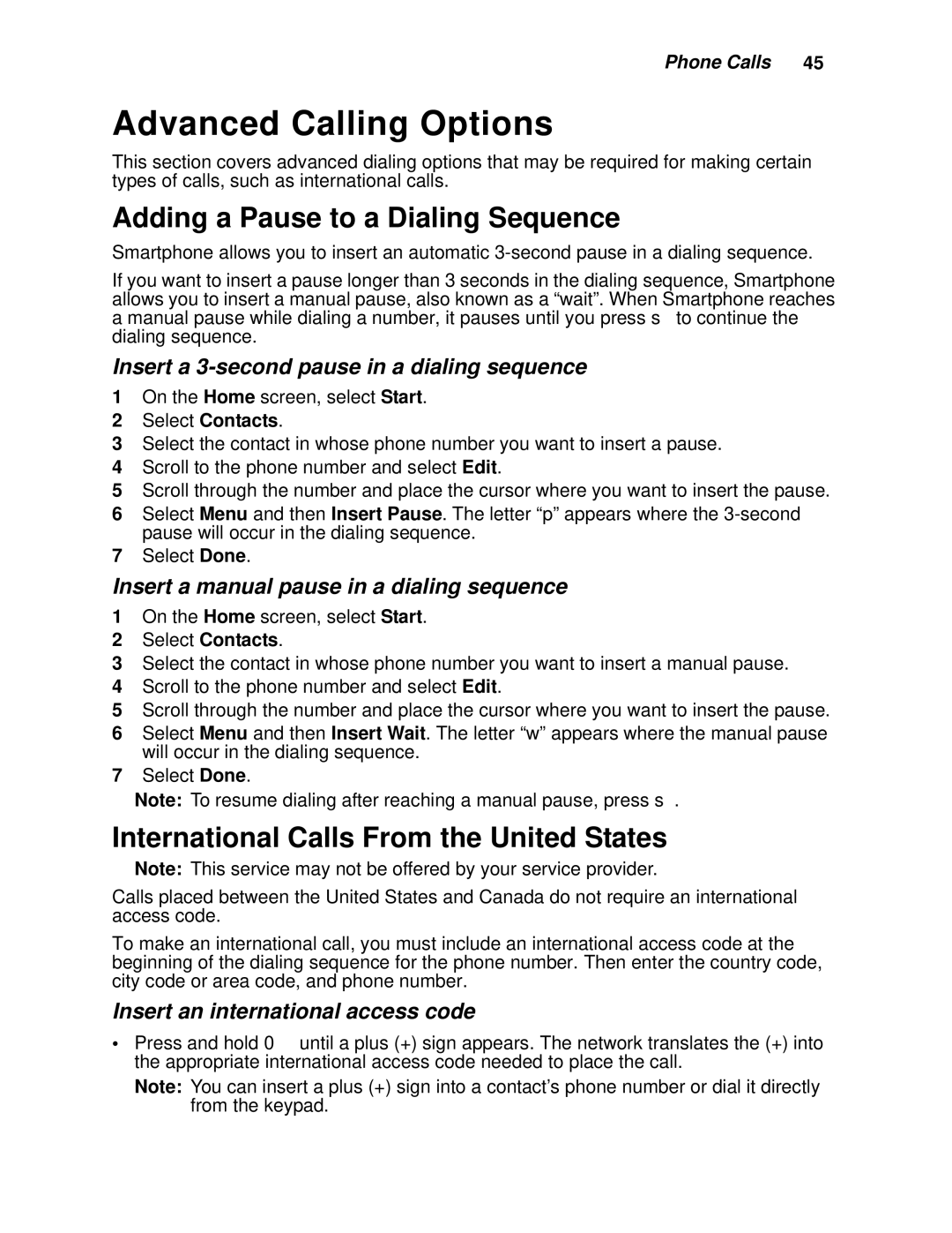 Motorola i930 Advanced Calling Options, Adding a Pause to a Dialing Sequence, International Calls From the United States 