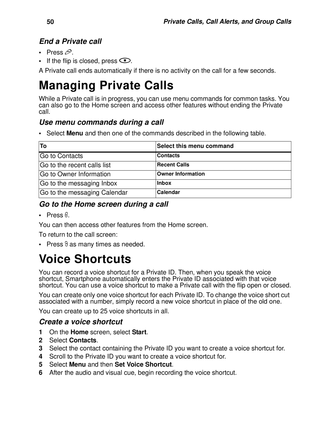 Motorola i930 manual Managing Private Calls, Voice Shortcuts, End a Private call, Create a voice shortcut 