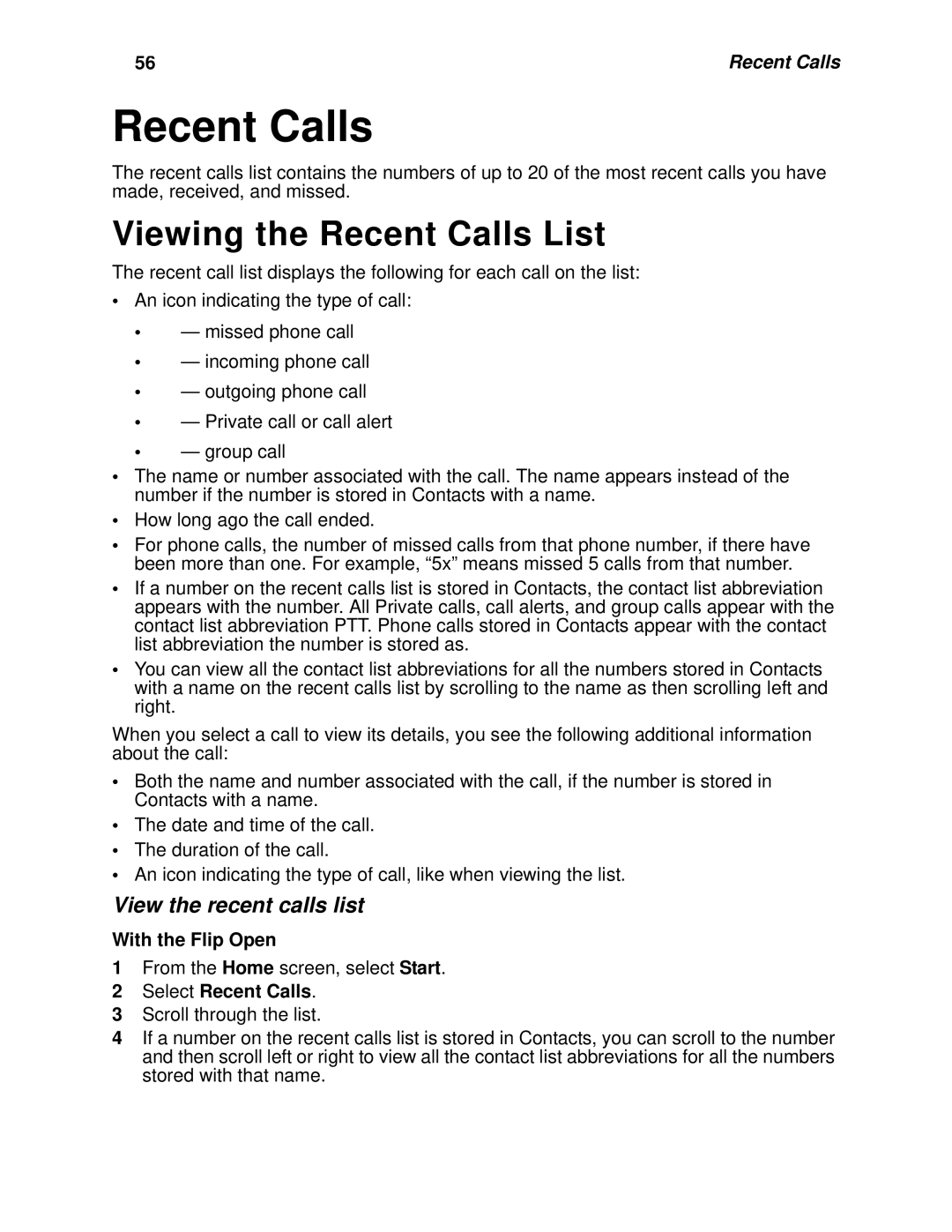 Motorola i930 manual Viewing the Recent Calls List, View the recent calls list 