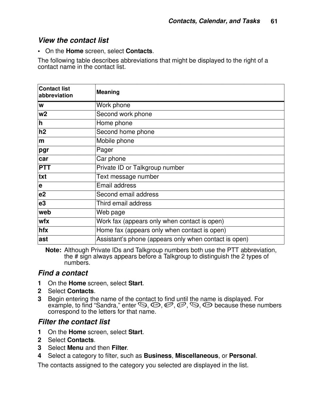 Motorola i930 manual View the contact list, Find a contact, Filter the contact list 