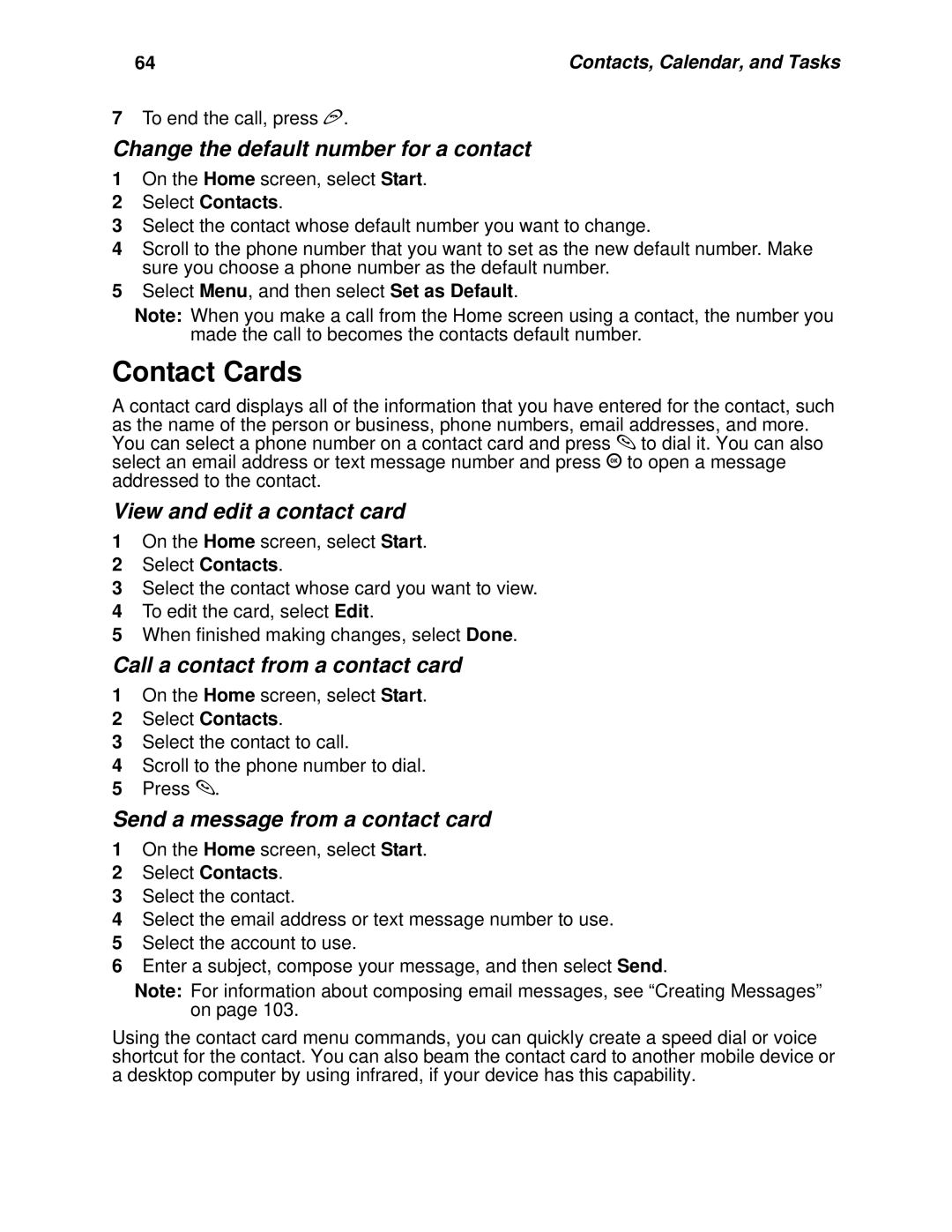 Motorola i930 manual Contact Cards, View and edit a contact card, Call a contact from a contact card 