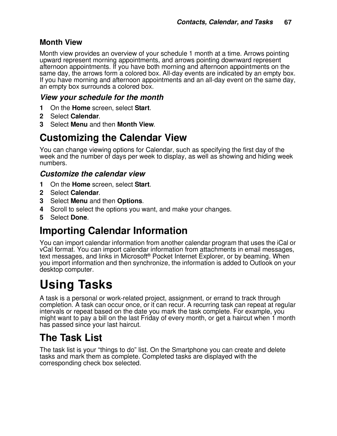 Motorola i930 manual Using Tasks, Customizing the Calendar View, Importing Calendar Information, Task List 