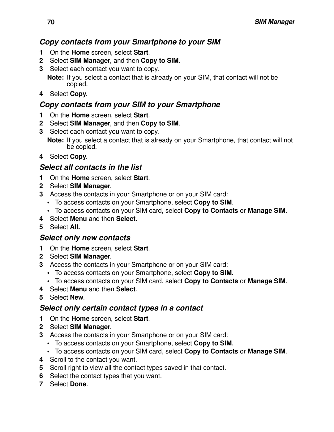 Motorola i930 manual Copy contacts from your Smartphone to your SIM, Copy contacts from your SIM to your Smartphone 