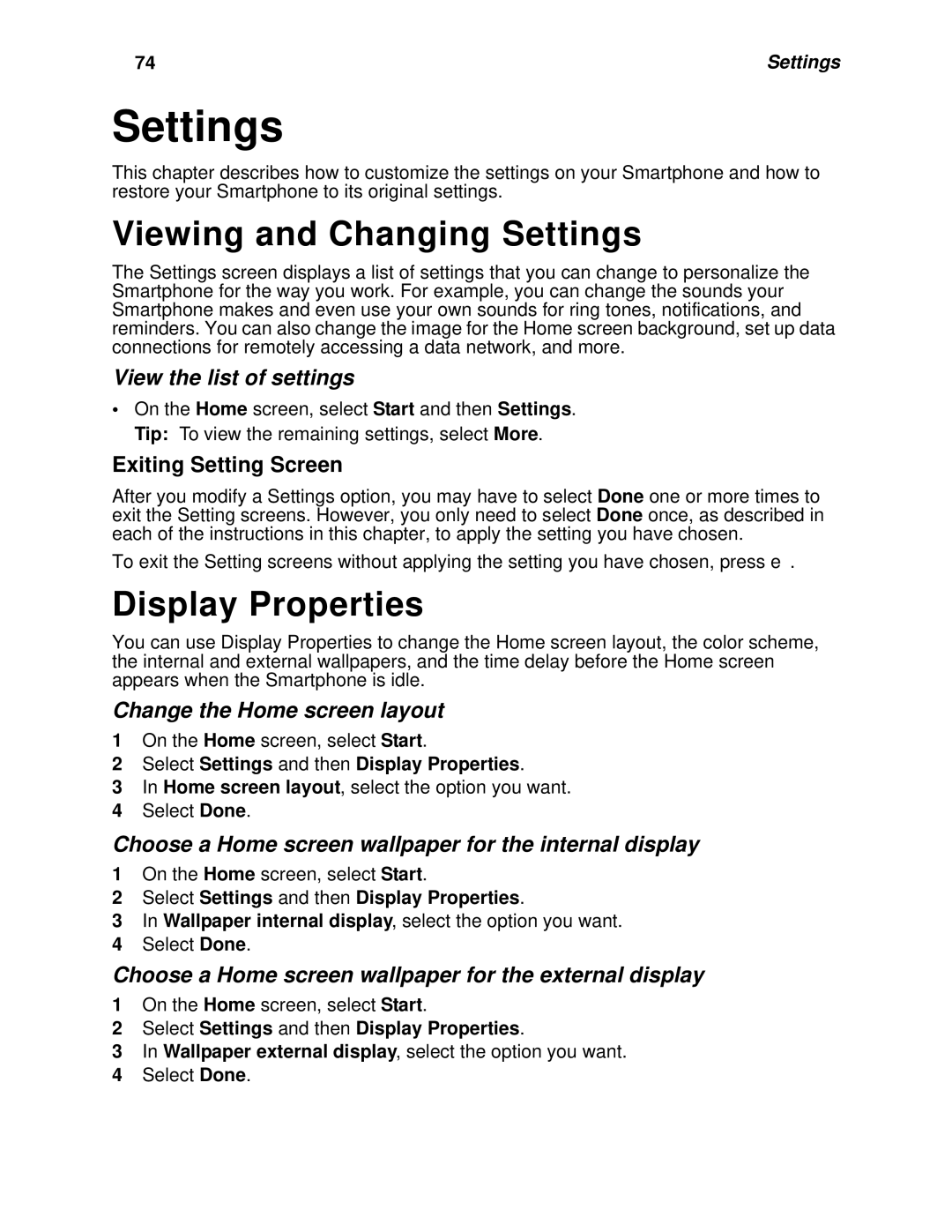 Motorola i930 manual Viewing and Changing Settings, Display Properties 