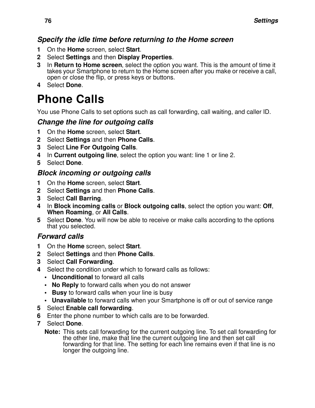 Motorola i930 Phone Calls, Specify the idle time before returning to the Home screen, Change the line for outgoing calls 