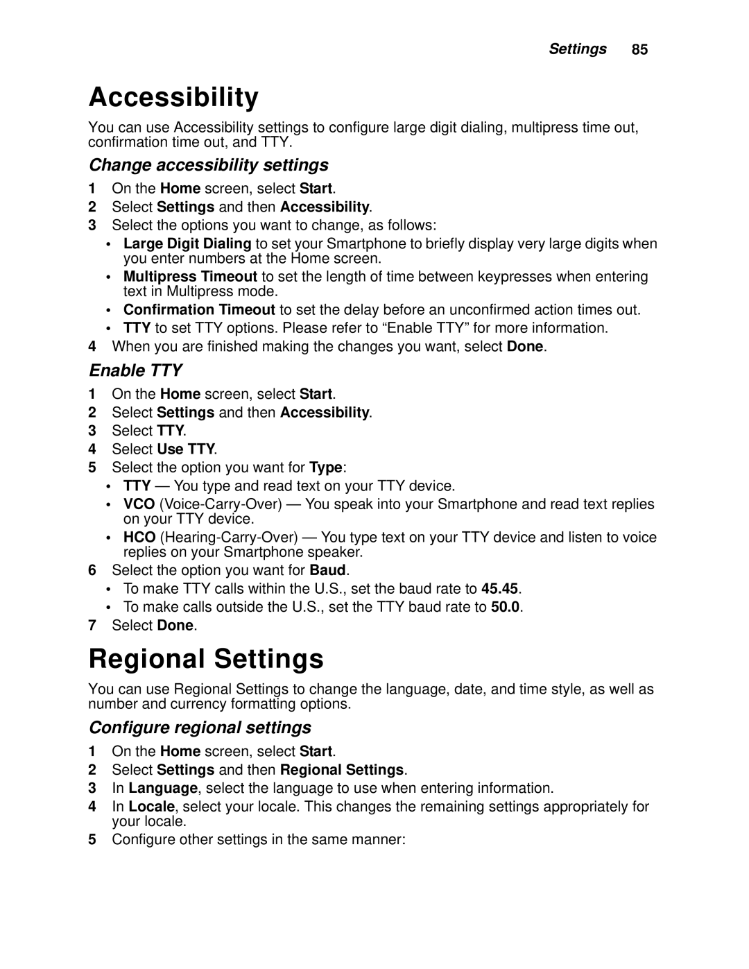 Motorola i930 Accessibility, Regional Settings, Change accessibility settings, Enable TTY, Configure regional settings 