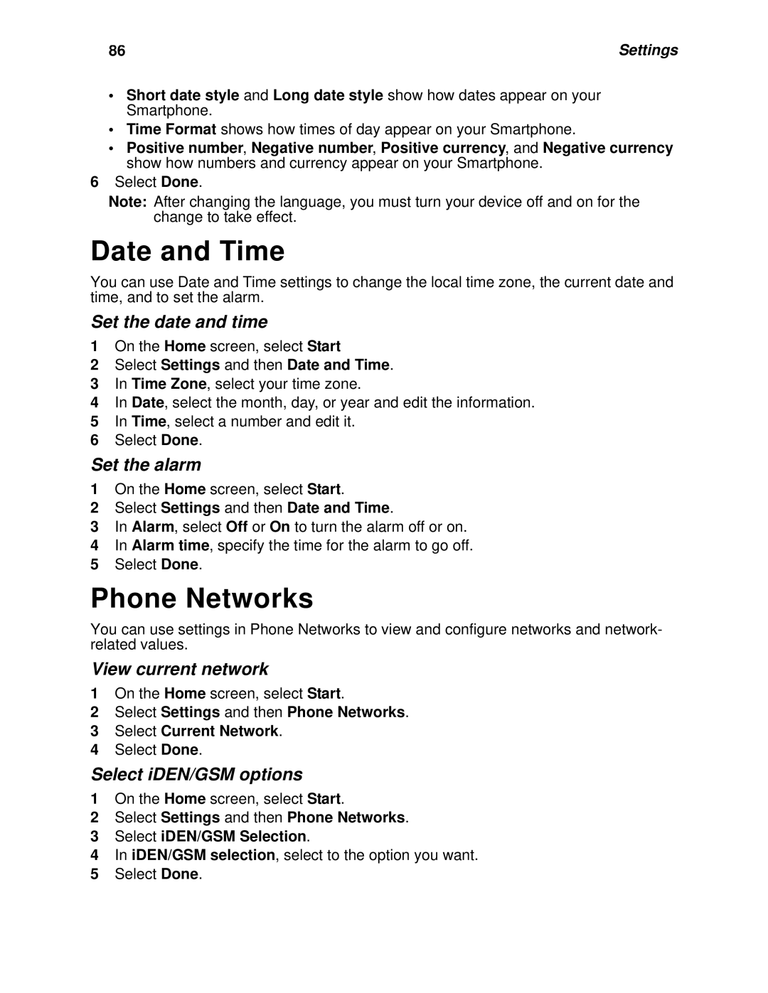 Motorola i930 manual Date and Time, Phone Networks 