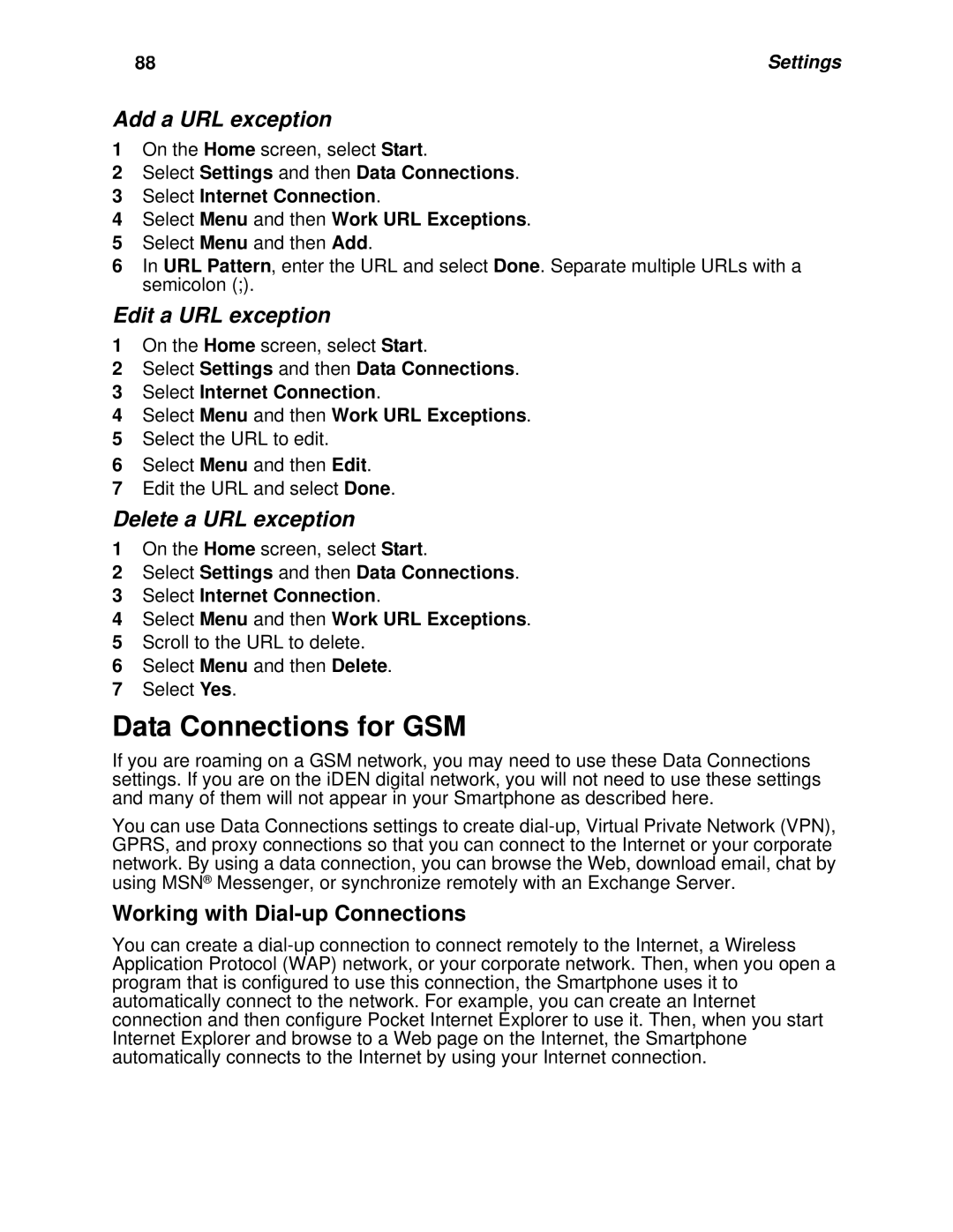 Motorola i930 manual Data Connections for GSM, Add a URL exception, Edit a URL exception, Delete a URL exception 