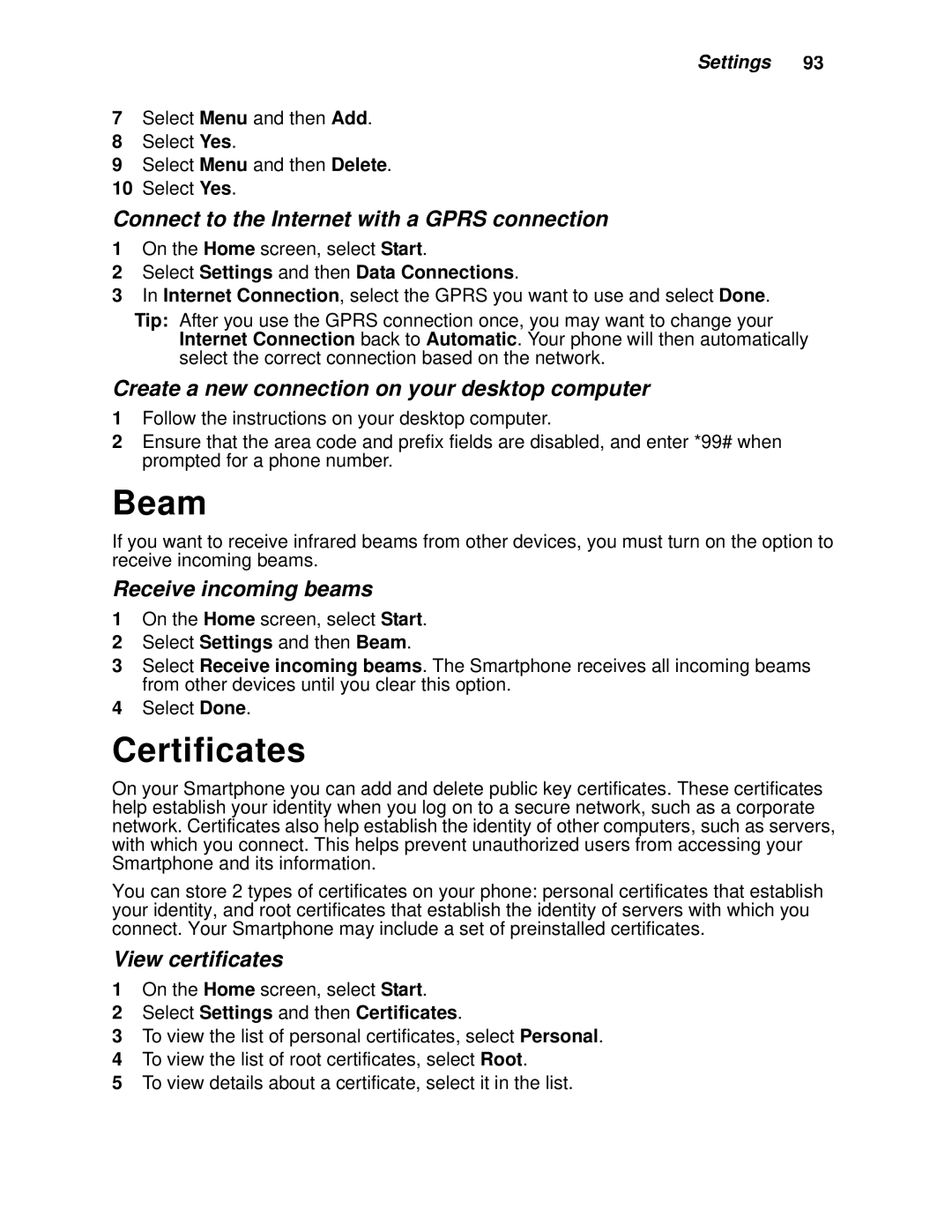 Motorola i930 manual Beam, Certificates 