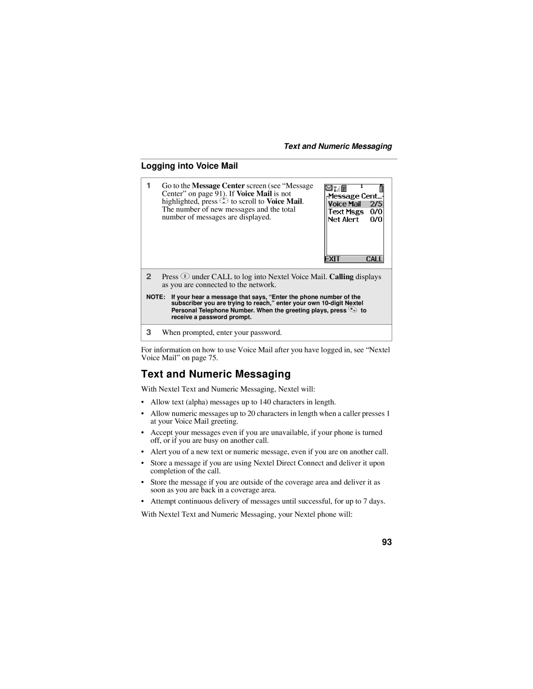 Motorola i95cl manual Text and Numeric Messaging, Logging into Voice Mail 