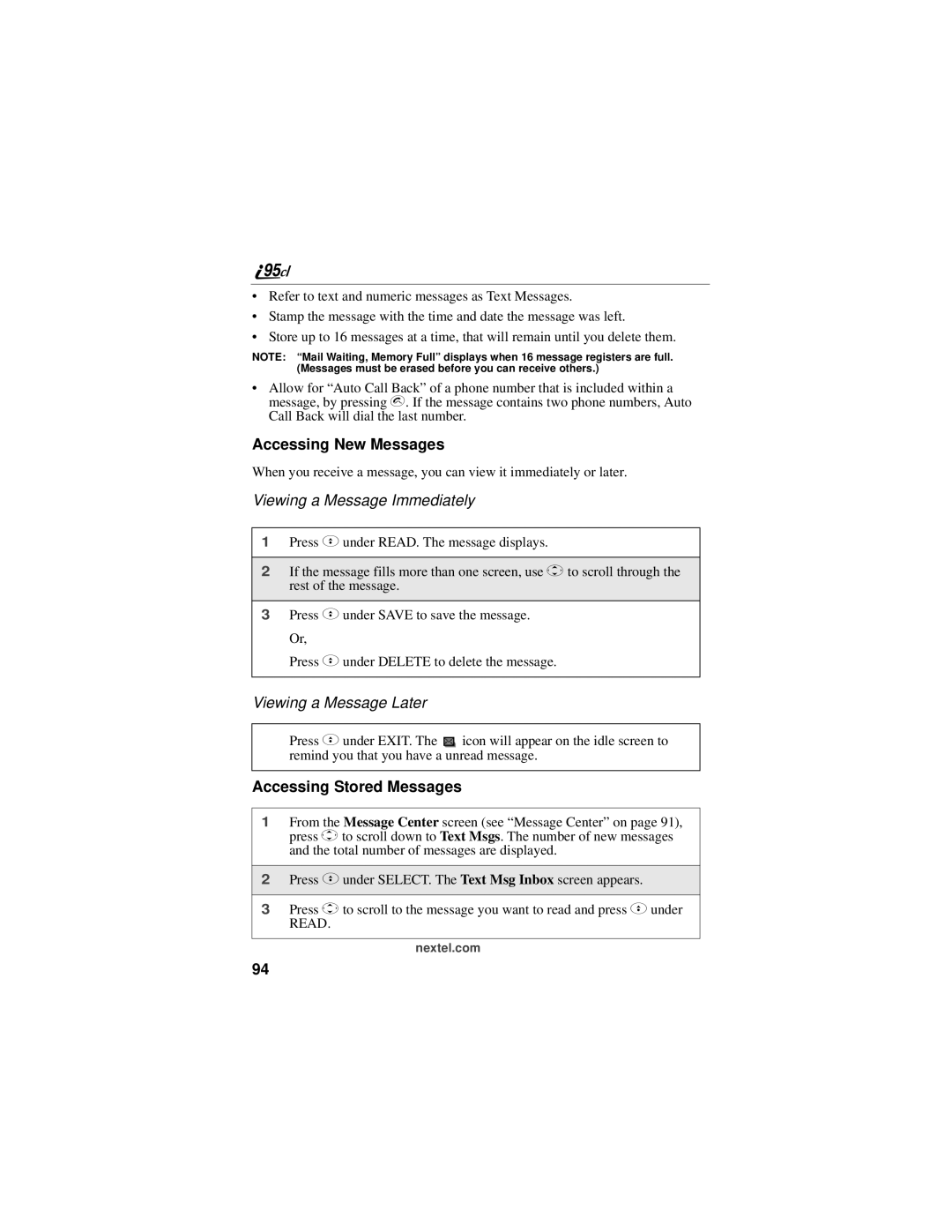 Motorola i95cl Accessing New Messages, Viewing a Message Immediately, Viewing a Message Later, Accessing Stored Messages 