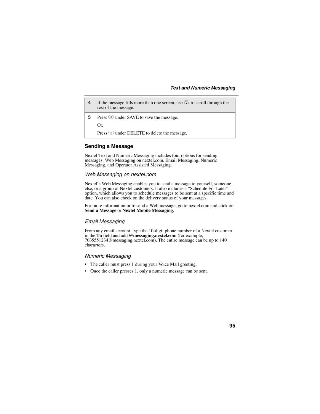 Motorola i95cl manual Sending a Message, Web Messaging on nextel.com, Email Messaging Numeric Messaging 