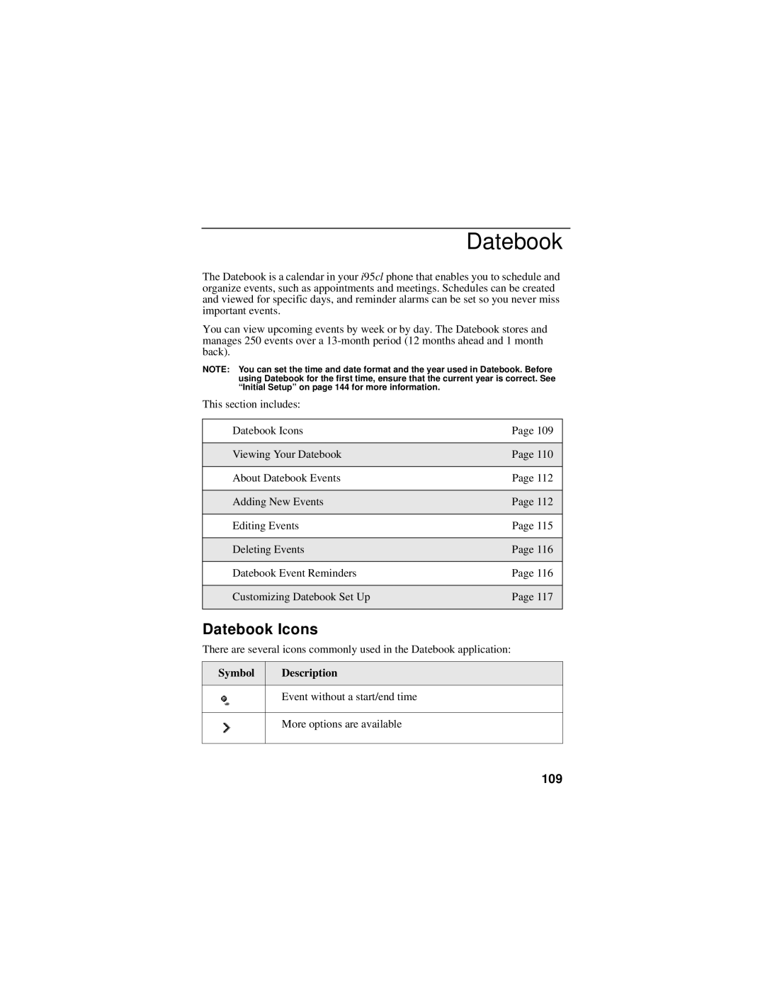 Motorola i95cl manual Datebook Icons, 109 