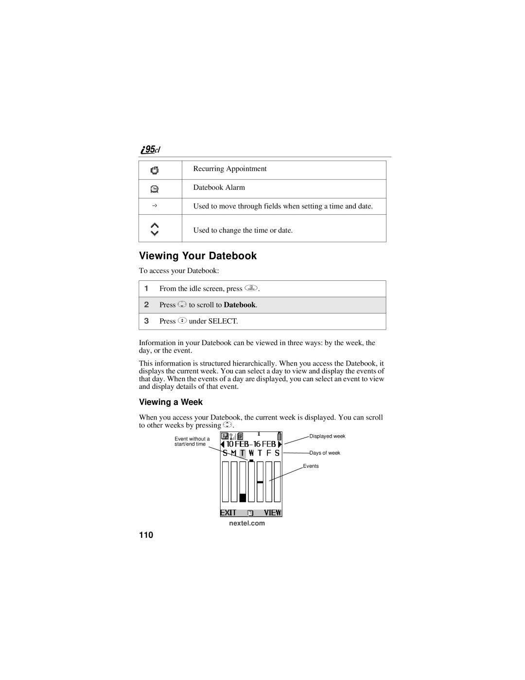 Motorola i95cl manual Viewing Your Datebook, Viewing a Week, 110 