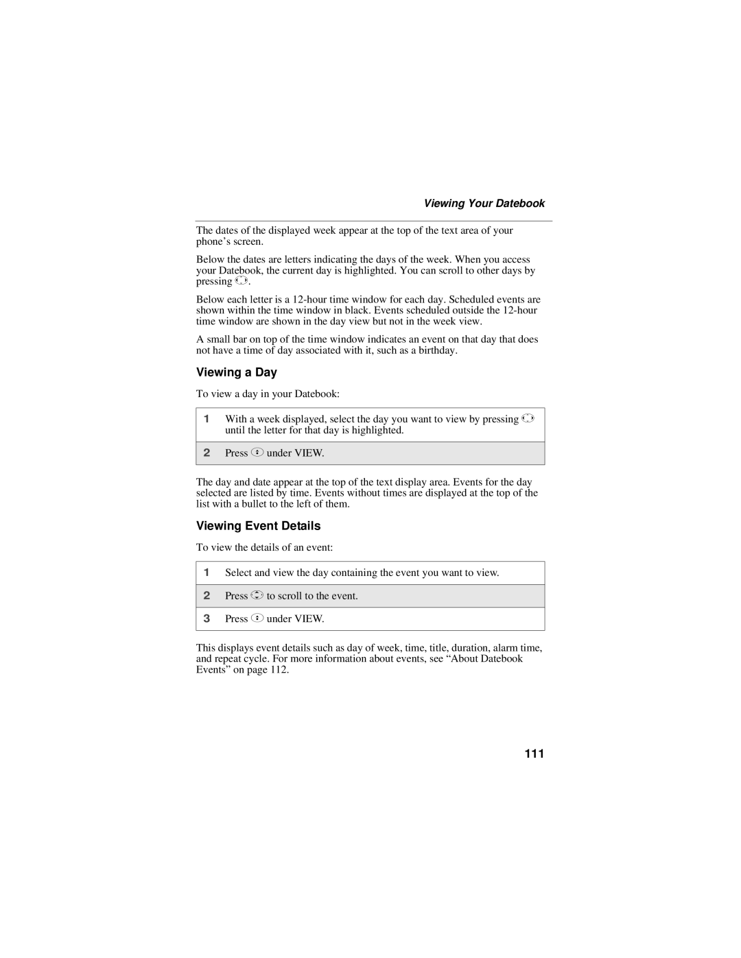 Motorola i95cl manual Viewing a Day, Viewing Event Details, 111, Viewing Your Datebook 