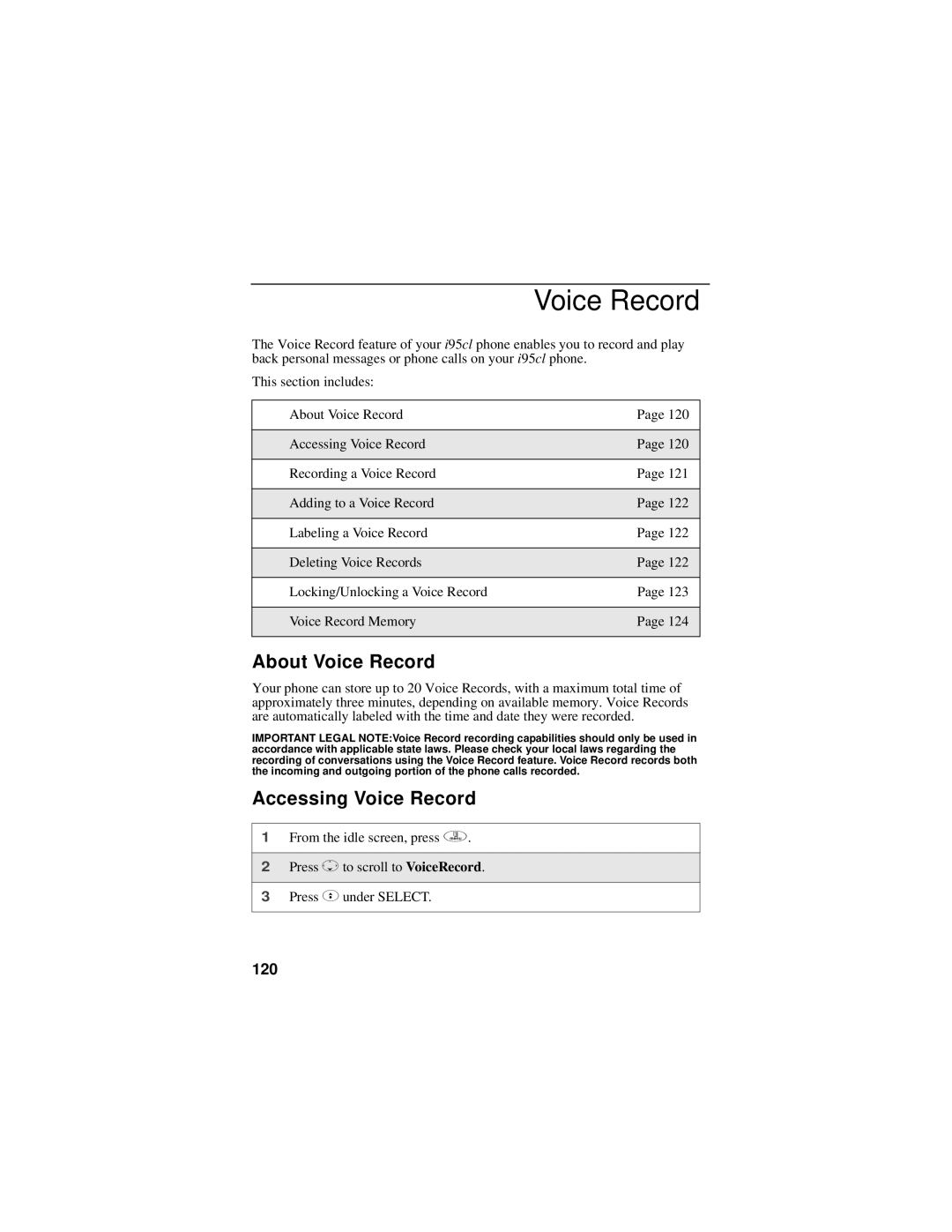 Motorola i95cl manual About Voice Record, Accessing Voice Record, 120 