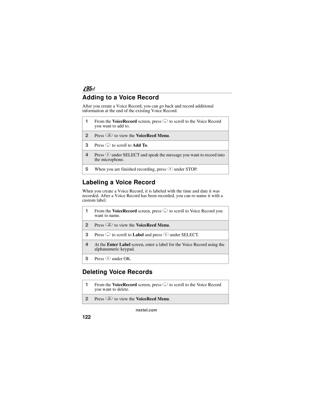 Motorola i95cl manual Adding to a Voice Record, Labeling a Voice Record, Deleting Voice Records, 122 