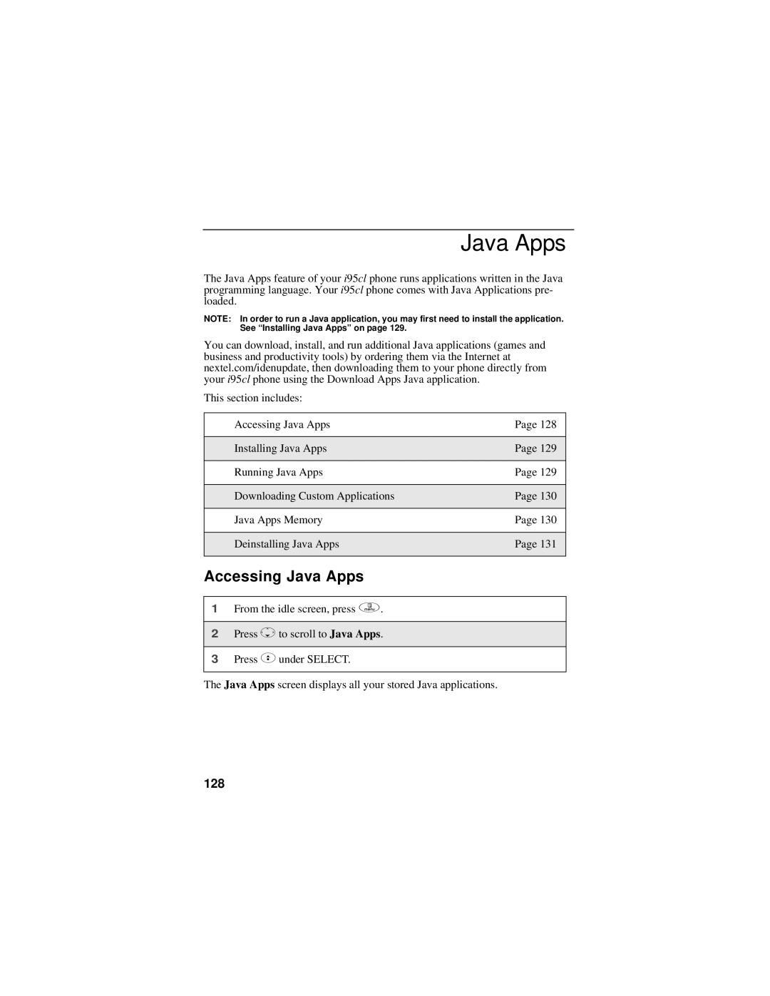 Motorola i95cl manual Accessing Java Apps, 128 