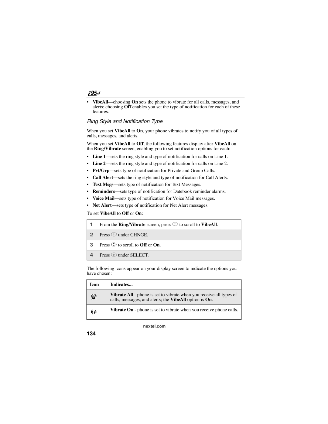 Motorola i95cl manual Ring Style and Notification Type, 134 