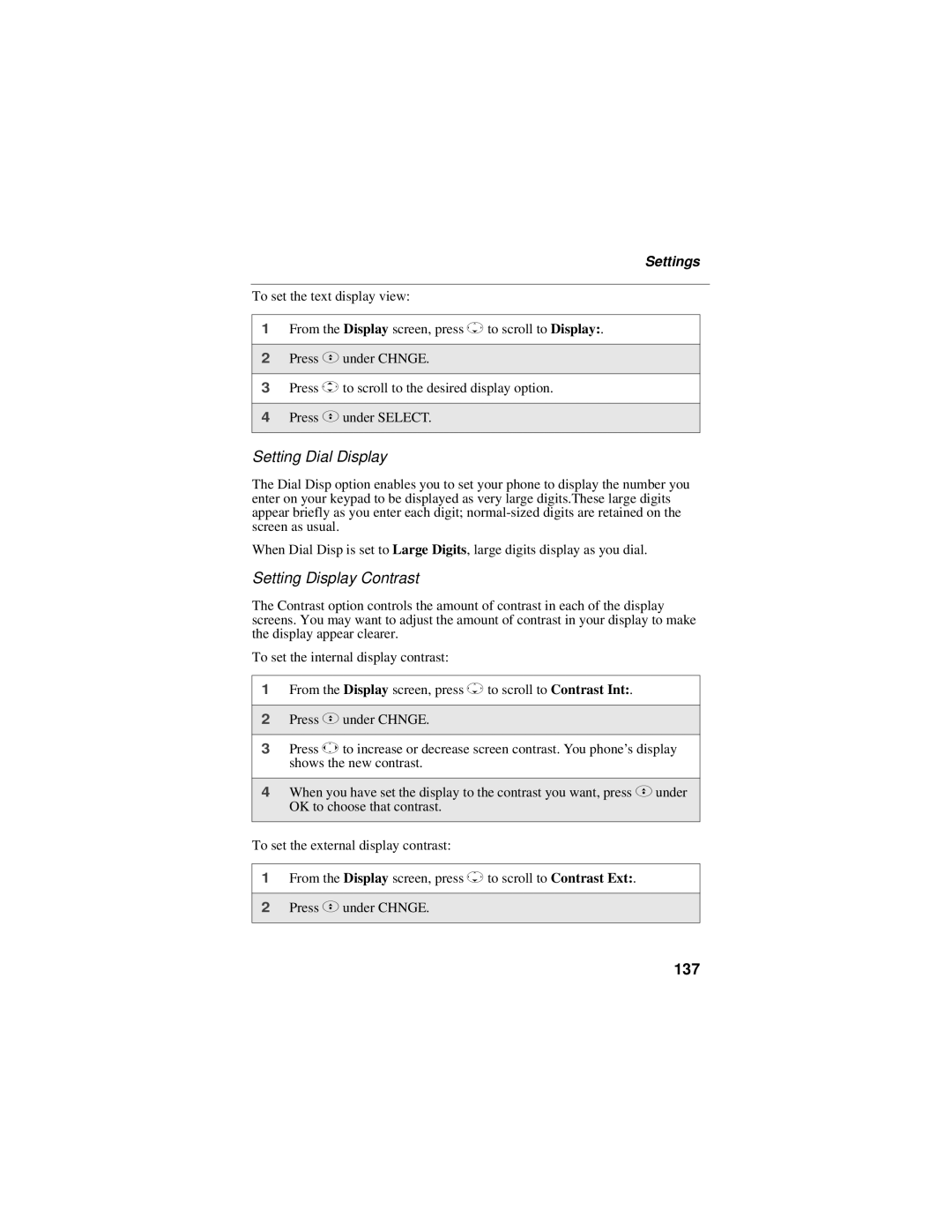 Motorola i95cl manual Setting Dial Display, Setting Display Contrast, 137 