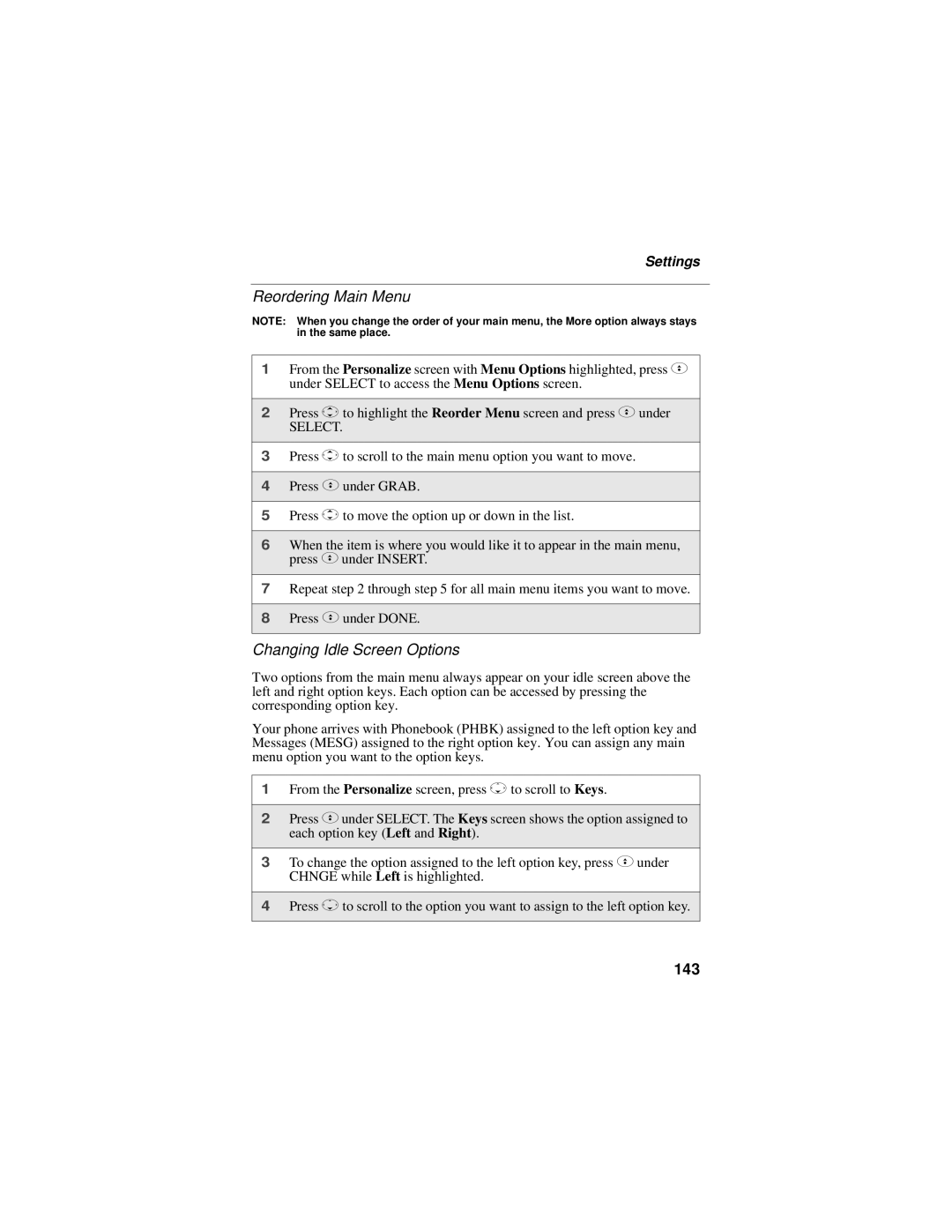 Motorola i95cl manual Reordering Main Menu, Changing Idle Screen Options, 143 