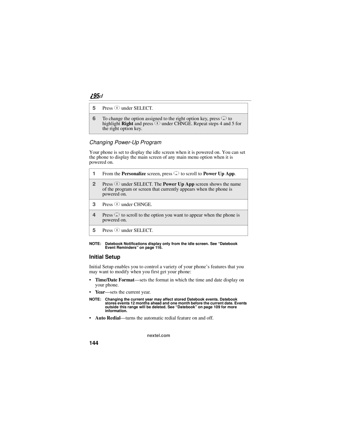 Motorola i95cl manual Changing Power-Up Program, Initial Setup, 144 