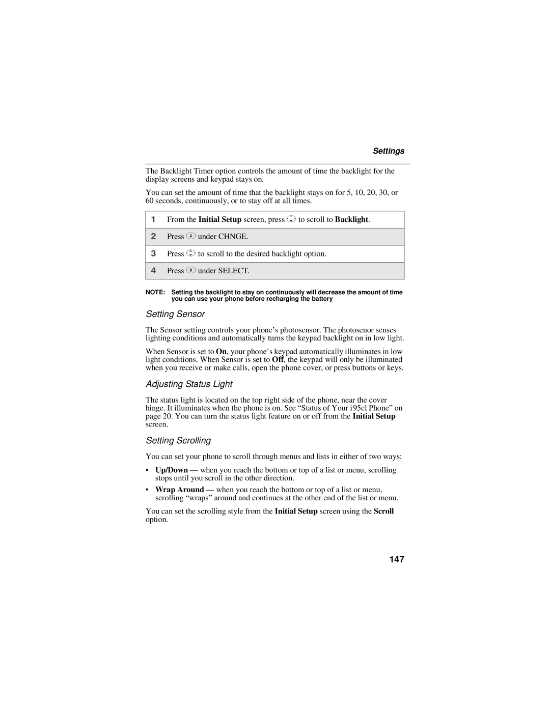 Motorola i95cl manual Setting Sensor, Adjusting Status Light, Setting Scrolling, 147 