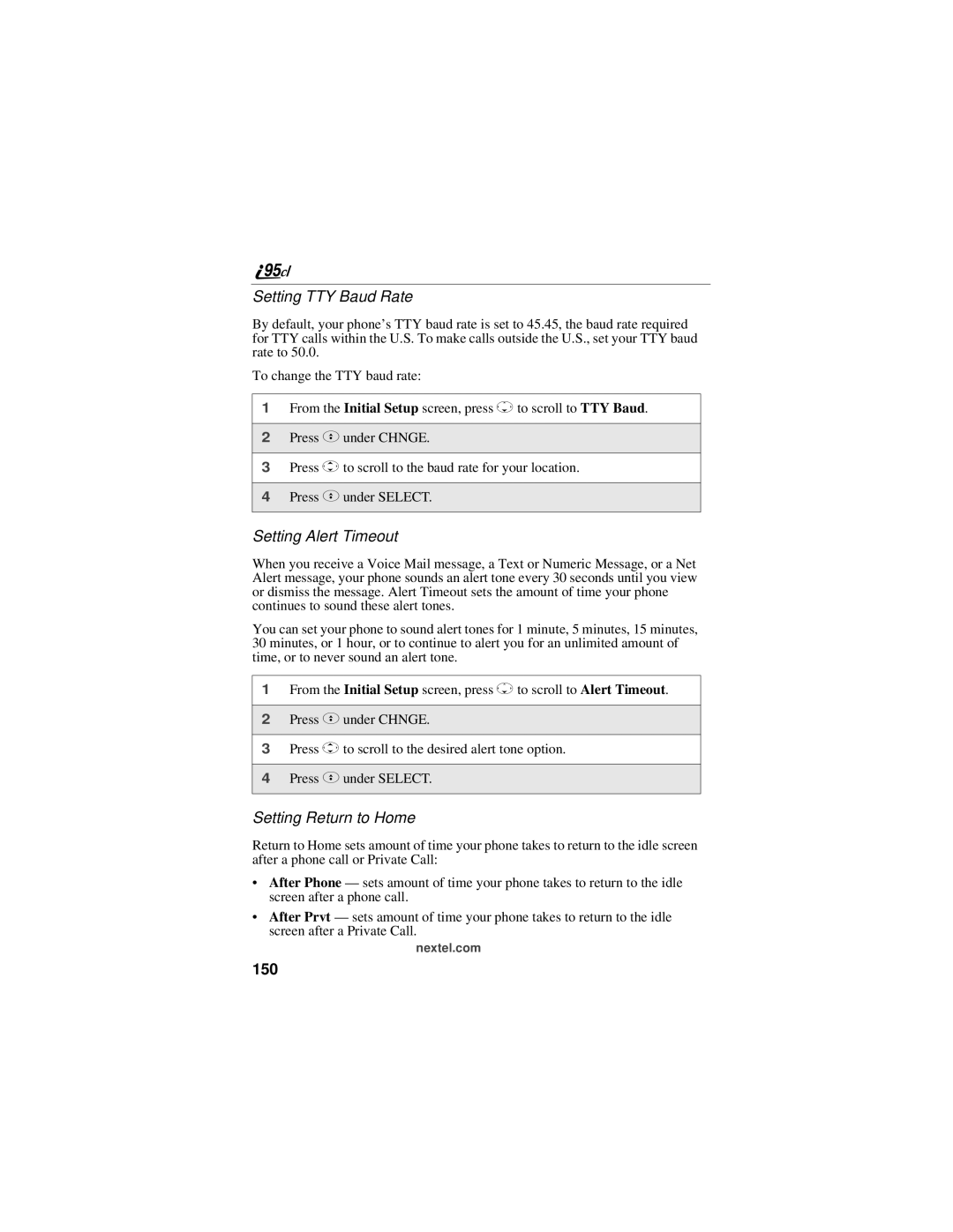 Motorola i95cl manual Setting TTY Baud Rate, Setting Alert Timeout, Setting Return to Home, 150 