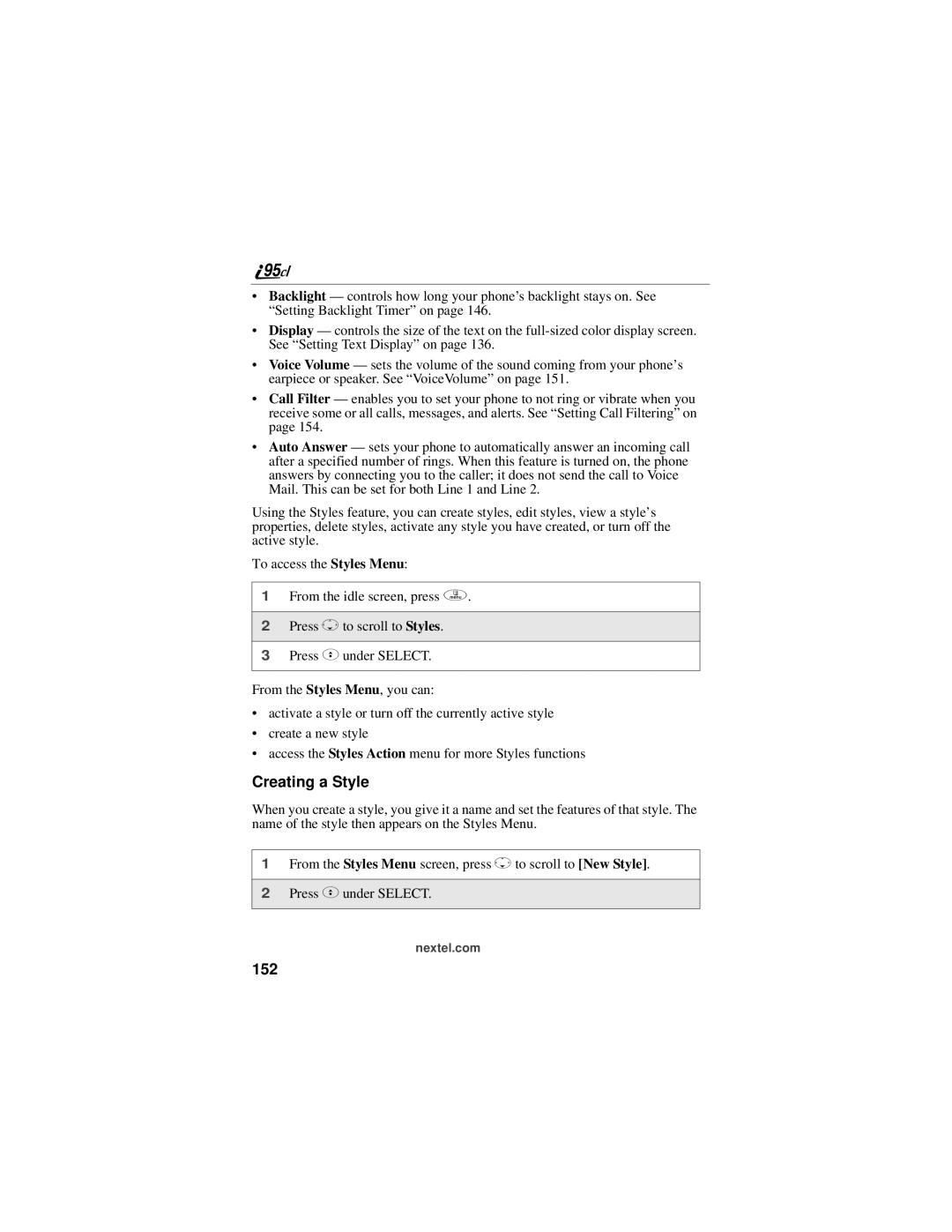 Motorola i95cl manual Creating a Style, 152 