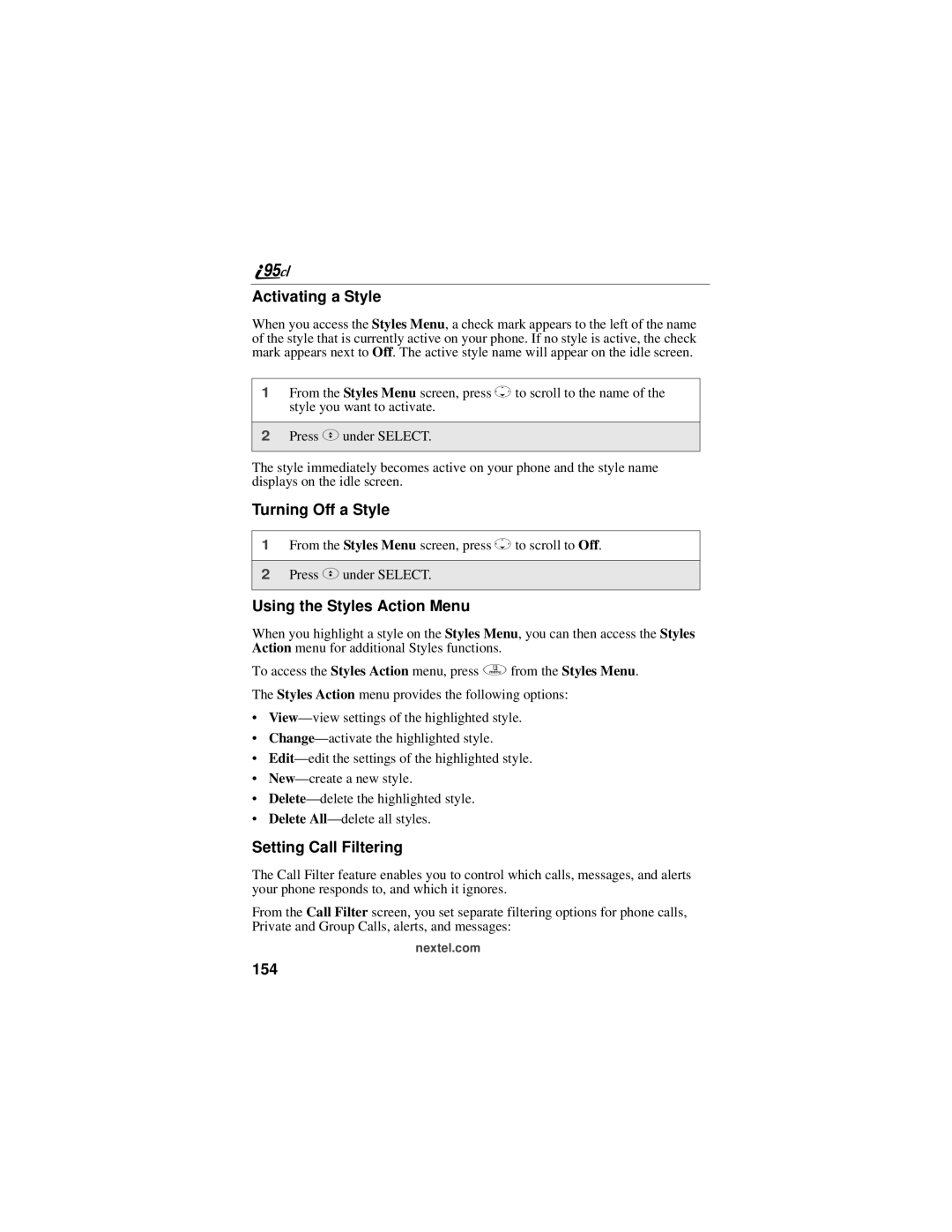 Motorola i95cl manual Activating a Style, Turning Off a Style, Using the Styles Action Menu, Setting Call Filtering, 154 