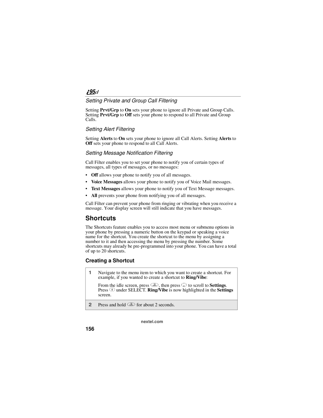 Motorola i95cl manual Shortcuts, Creating a Shortcut, 156 