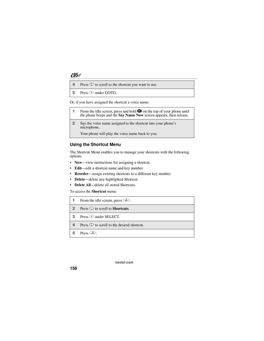 Motorola i95cl manual Using the Shortcut Menu, 158 