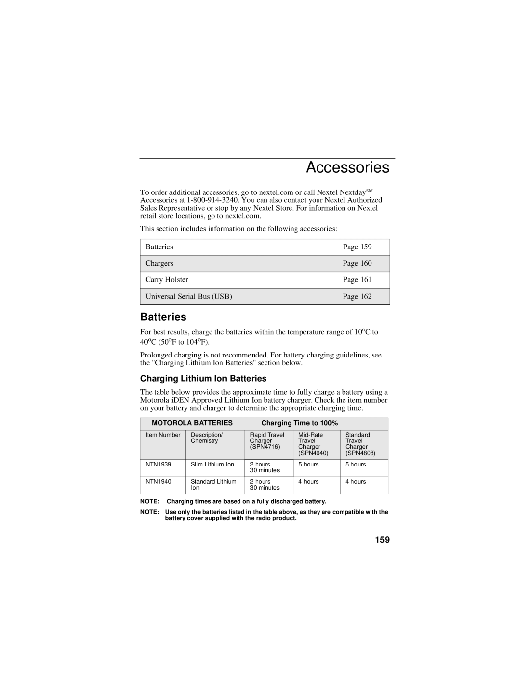 Motorola i95cl manual Accessories, Charging Lithium Ion Batteries, 159 