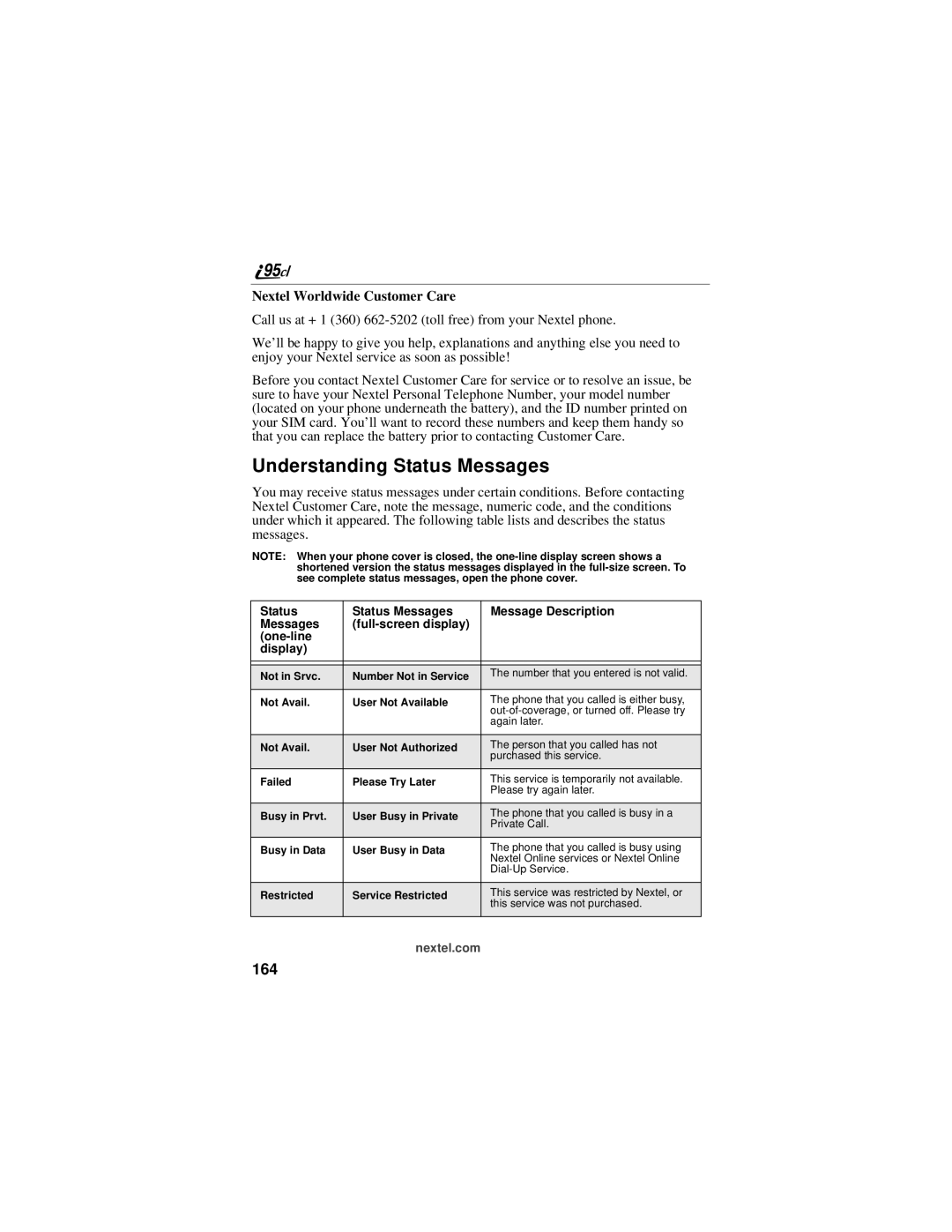 Motorola i95cl manual Understanding Status Messages, 164, Nextel Worldwide Customer Care 