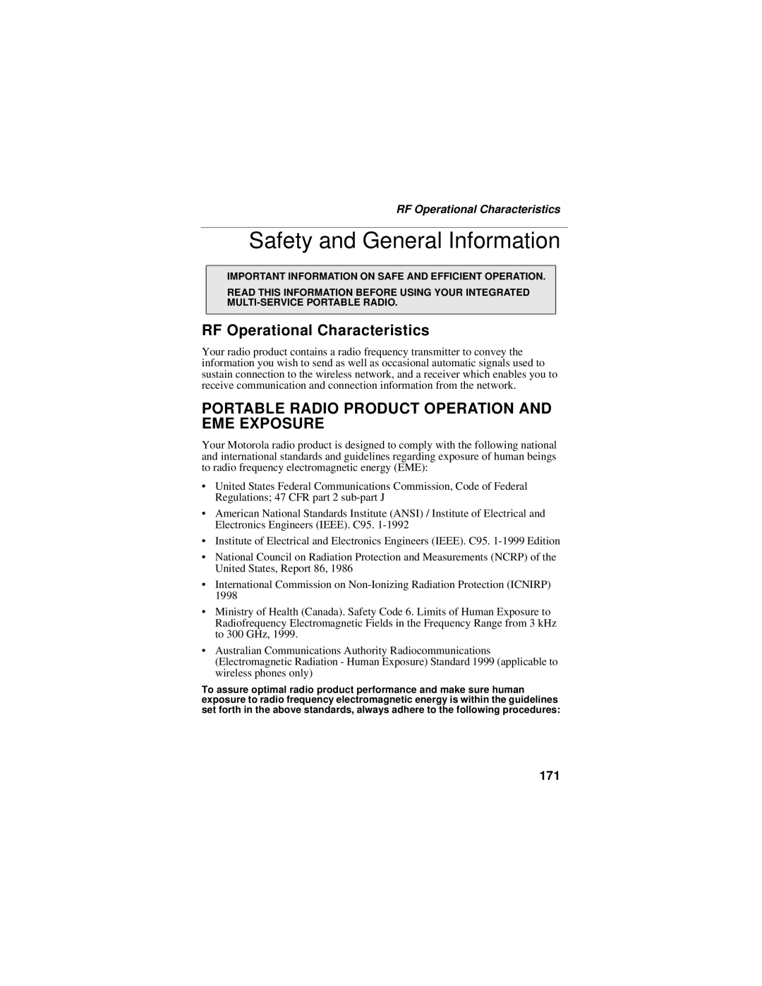 Motorola i95cl manual Safety and General Information, RF Operational Characteristics, 171 