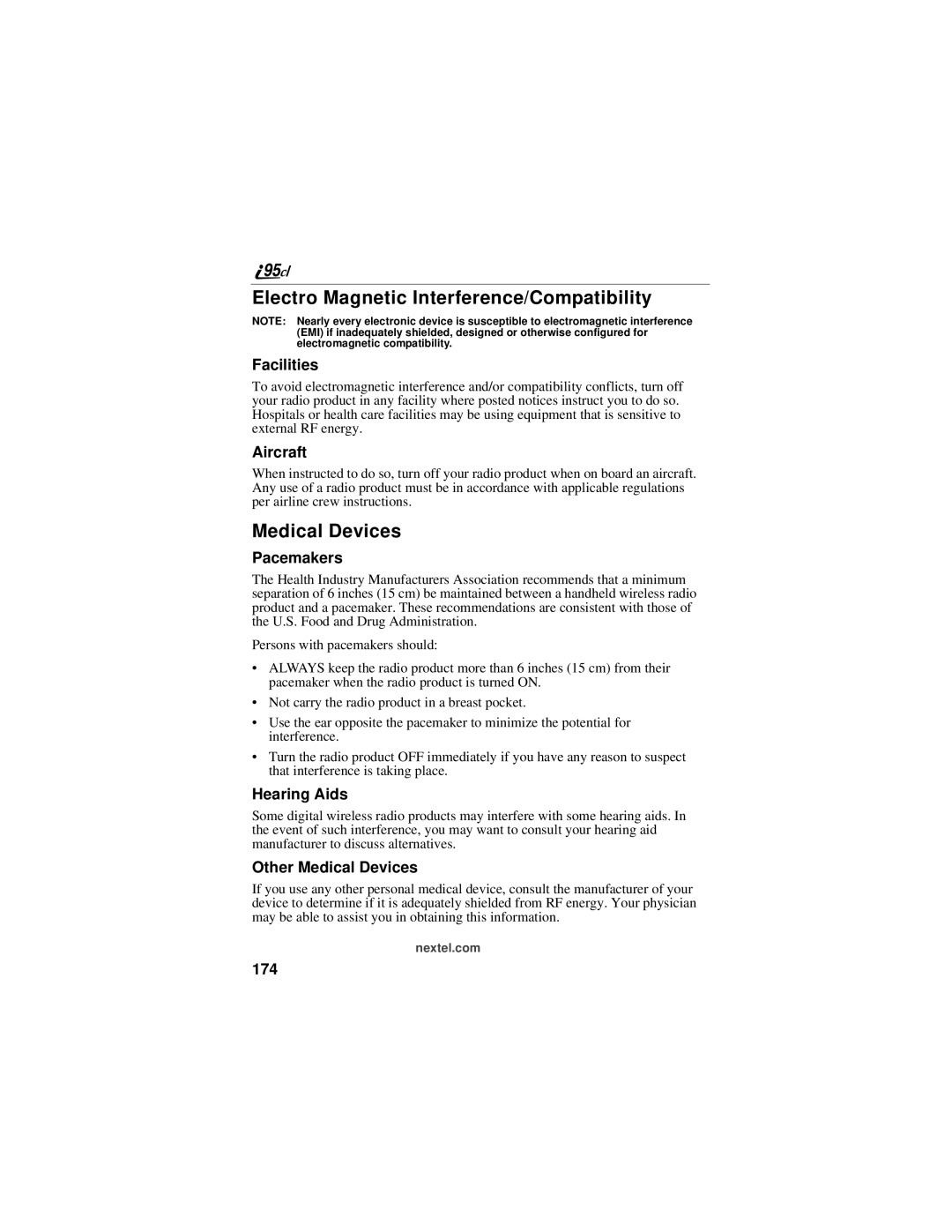 Motorola i95cl manual Electro Magnetic Interference/Compatibility, Medical Devices 