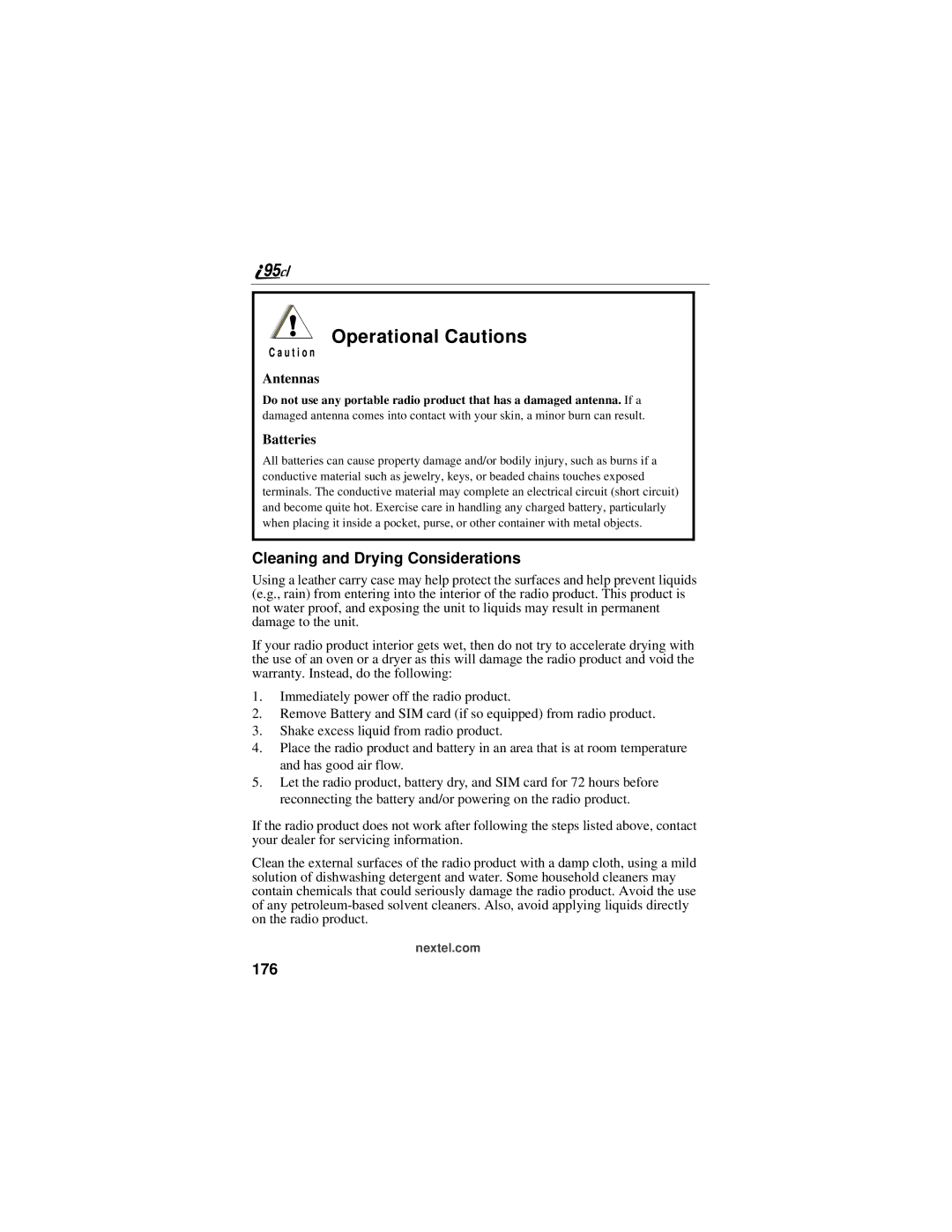 Motorola i95cl manual Operational Cautions, Cleaning and Drying Considerations, 176, Antennas, Batteries 