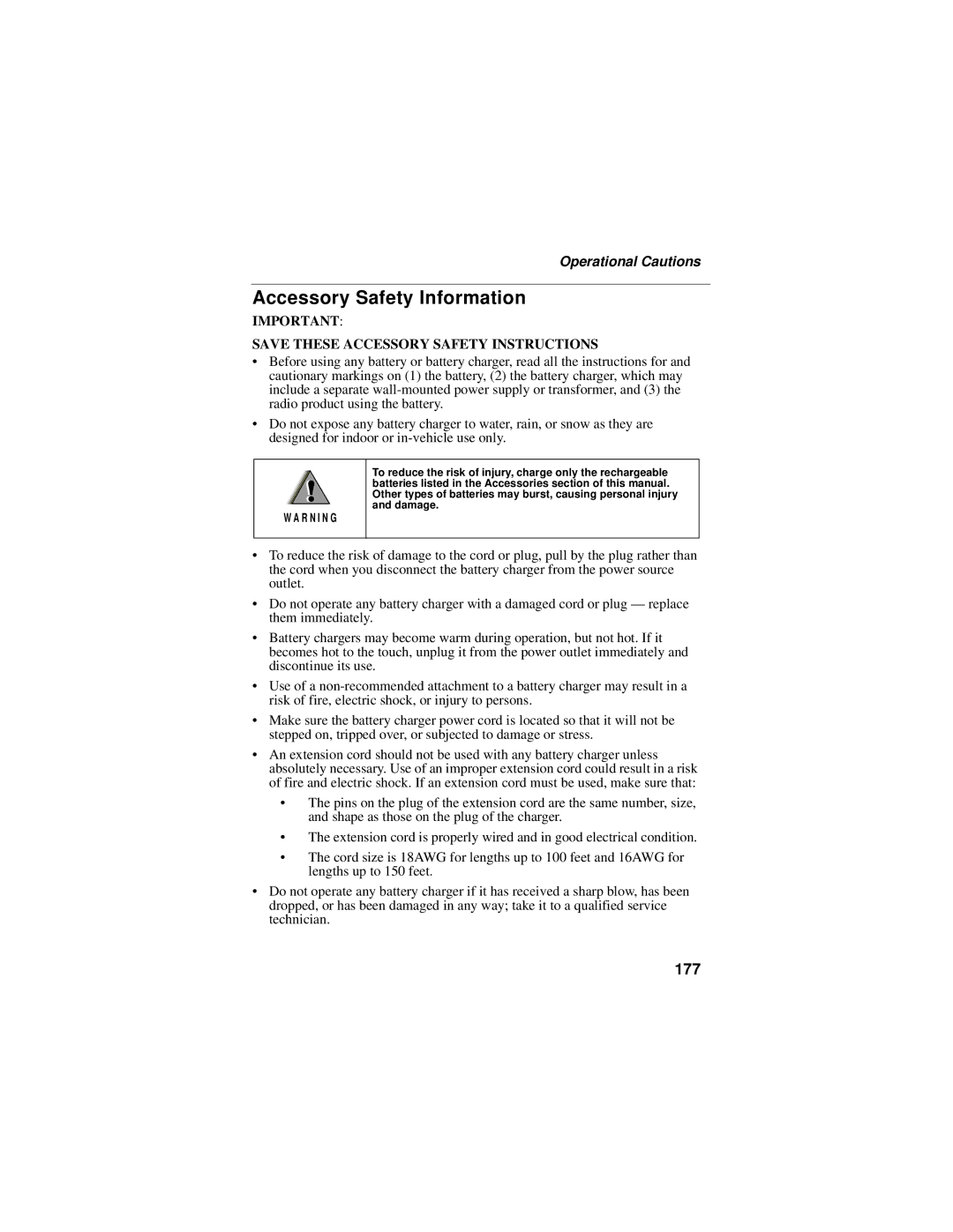 Motorola i95cl manual Accessory Safety Information, 177, Operational Cautions 