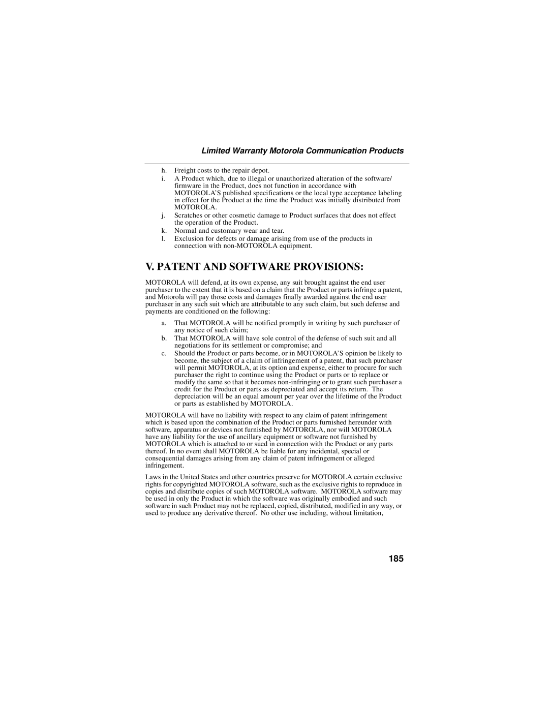 Motorola i95cl manual Patent and Software Provisions, 185 