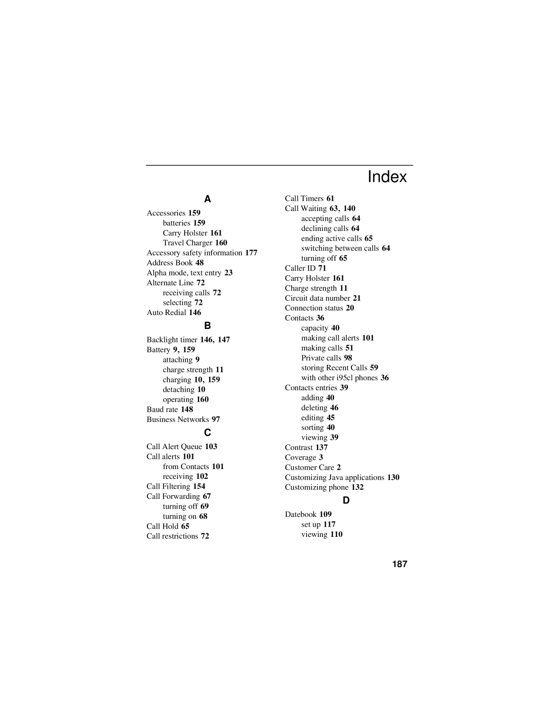 Motorola i95cl manual Index, 187 