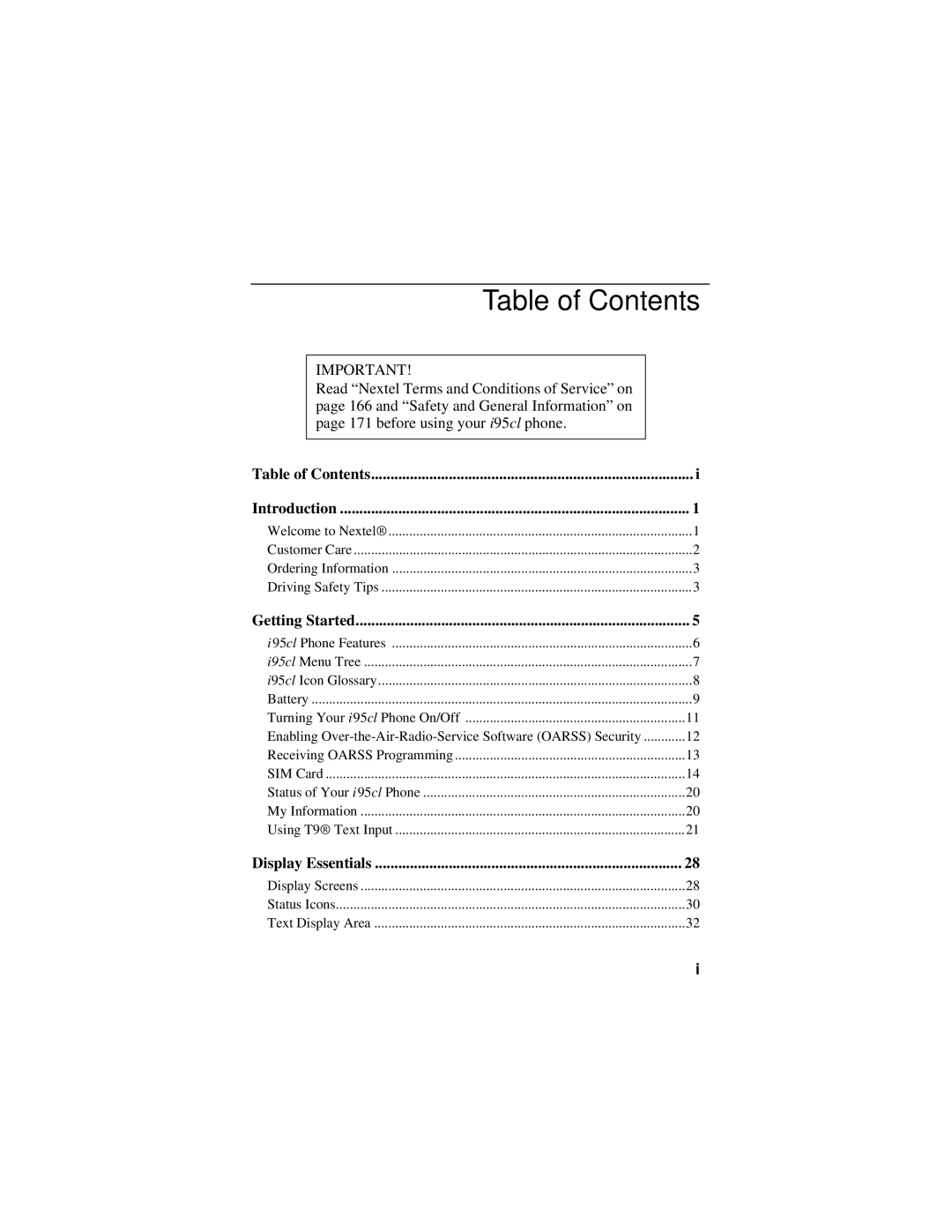 Motorola i95cl manual Table of Contents 